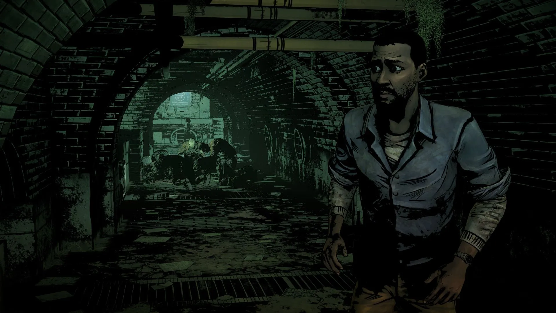 Hình ảnh gameplay từ The Walking Dead Telltale, thể hiện lối chơi phiêu lưu đồ họa đậm chất điện ảnh