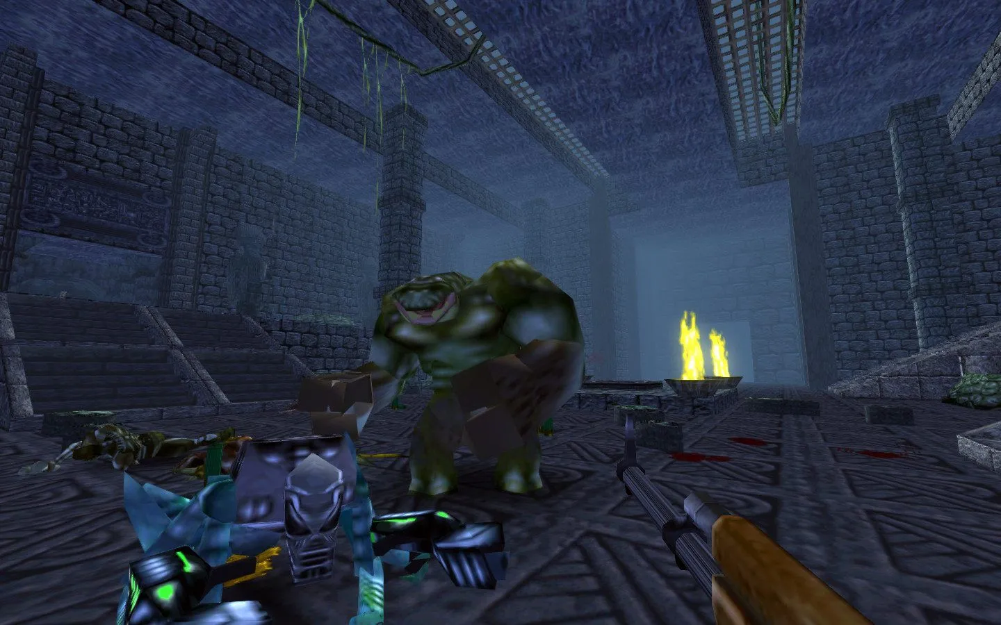 Hình ảnh gameplay Turok: Dinosaur Hunter với chiến binh đang đối mặt với các đột biến trong hành lang đá, thể hiện lối chơi bắn súng góc nhìn thứ nhất cổ điển đã được remaster.