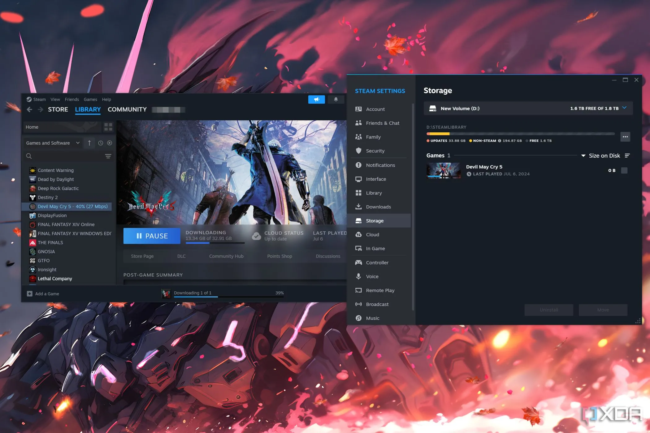 Hình ảnh hiển thị quá trình tải game Devil May Cry 5 trên nền tảng Steam, minh họa giao diện tải game.