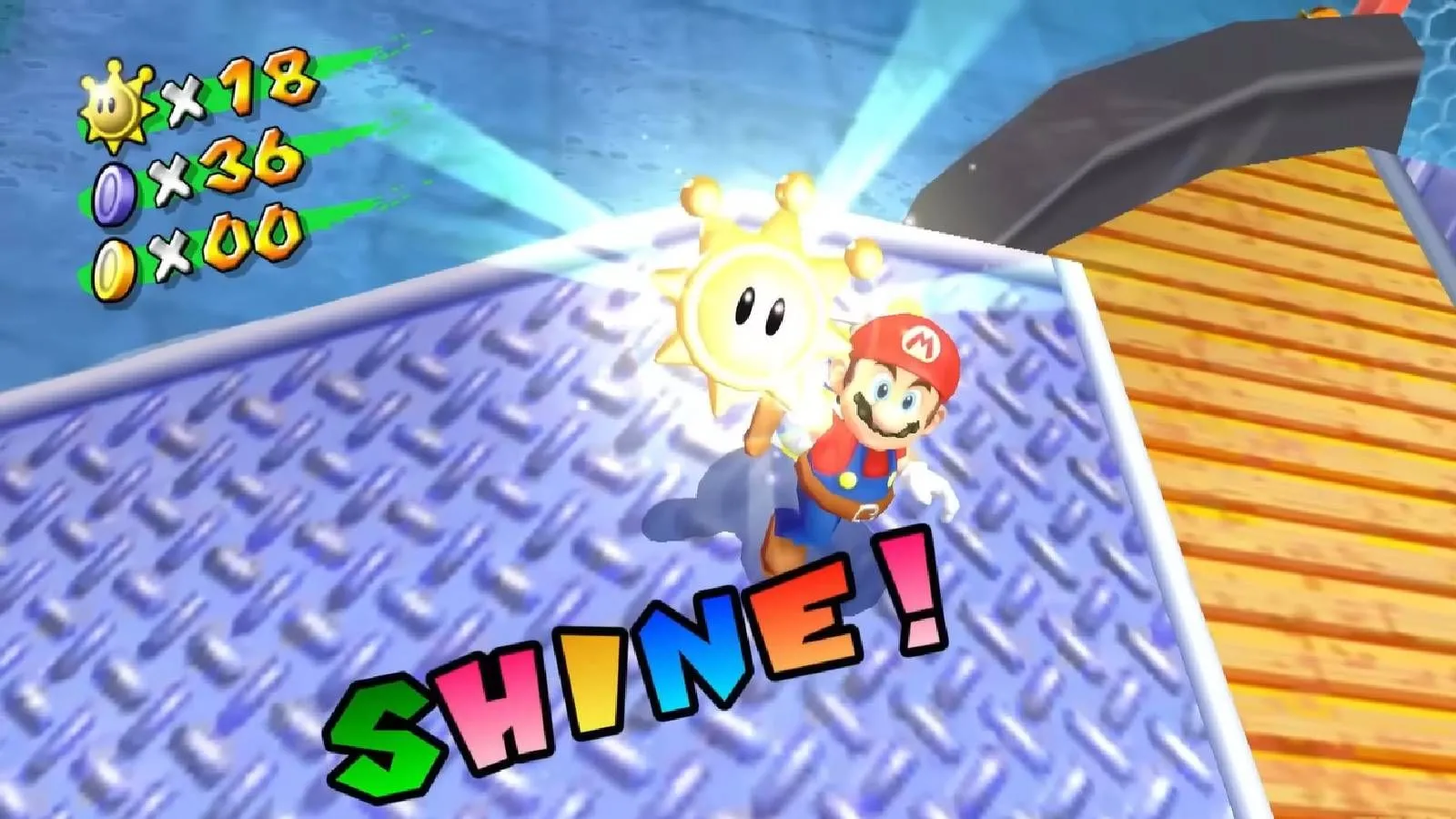 Hình ảnh Mario thu thập ngôi sao Shine trong tựa game Super Mario Sunshine