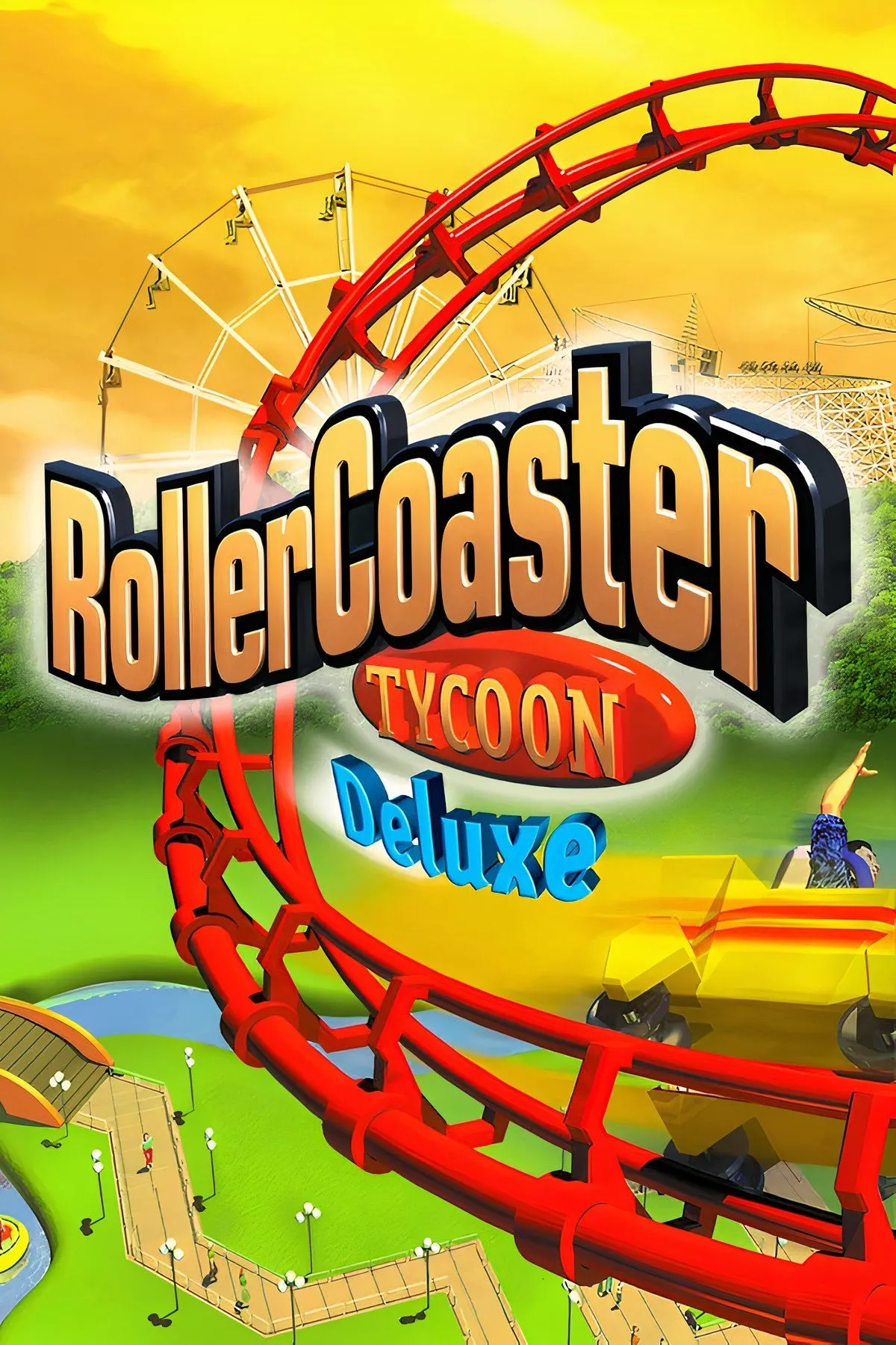 Hình ảnh minh họa game RollerCoaster Tycoon, với công viên giải trí đầy màu sắc và đồ họa pixel đặc trưng.