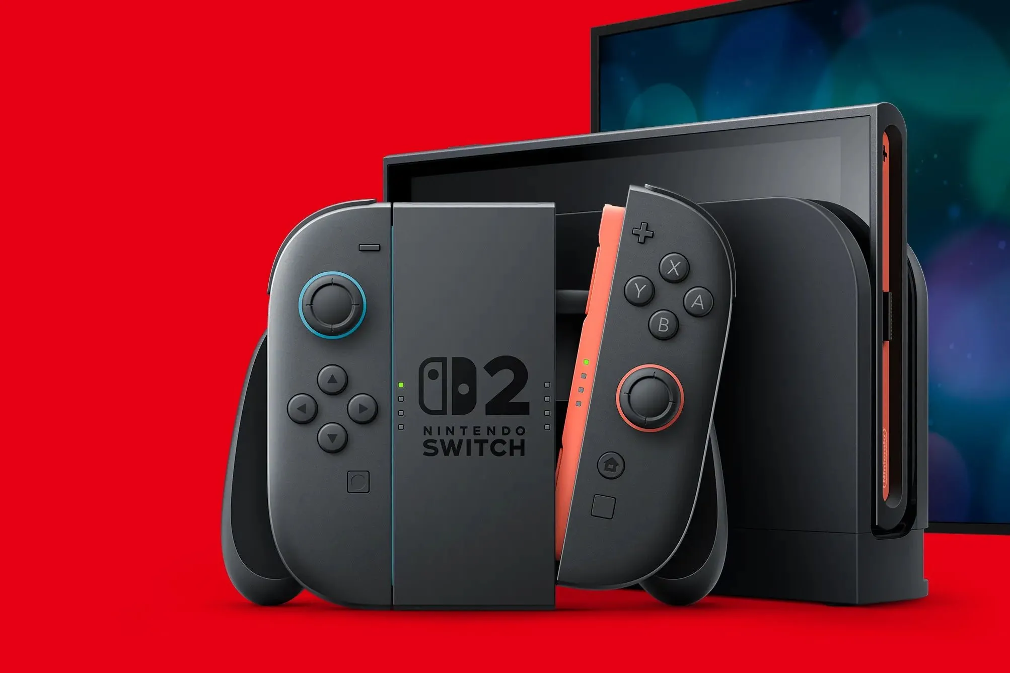 Hình ảnh mô phỏng Nintendo Switch 2 trong dock sạc cùng tay cầm Joy-Con và grip, thể hiện sự mong đợi về console mới của Nintendo.
