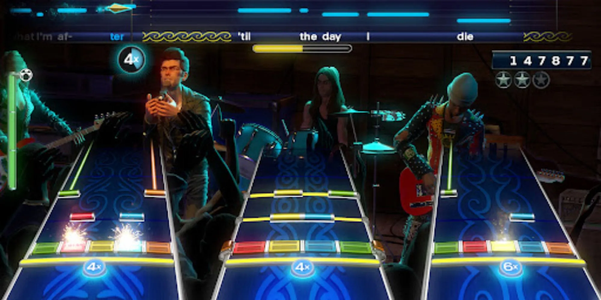 Hình ảnh một ban nhạc đang biểu diễn trong game Rock Band 4, minh họa lối chơi nhập vai âm nhạc sôi động trên Xbox One