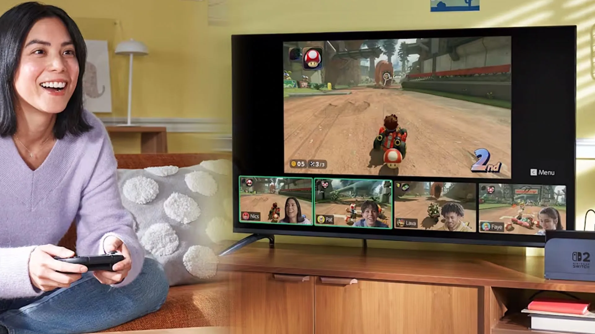 Hình ảnh một cô gái đang chơi game Mario Kart World trên Nintendo Switch 2