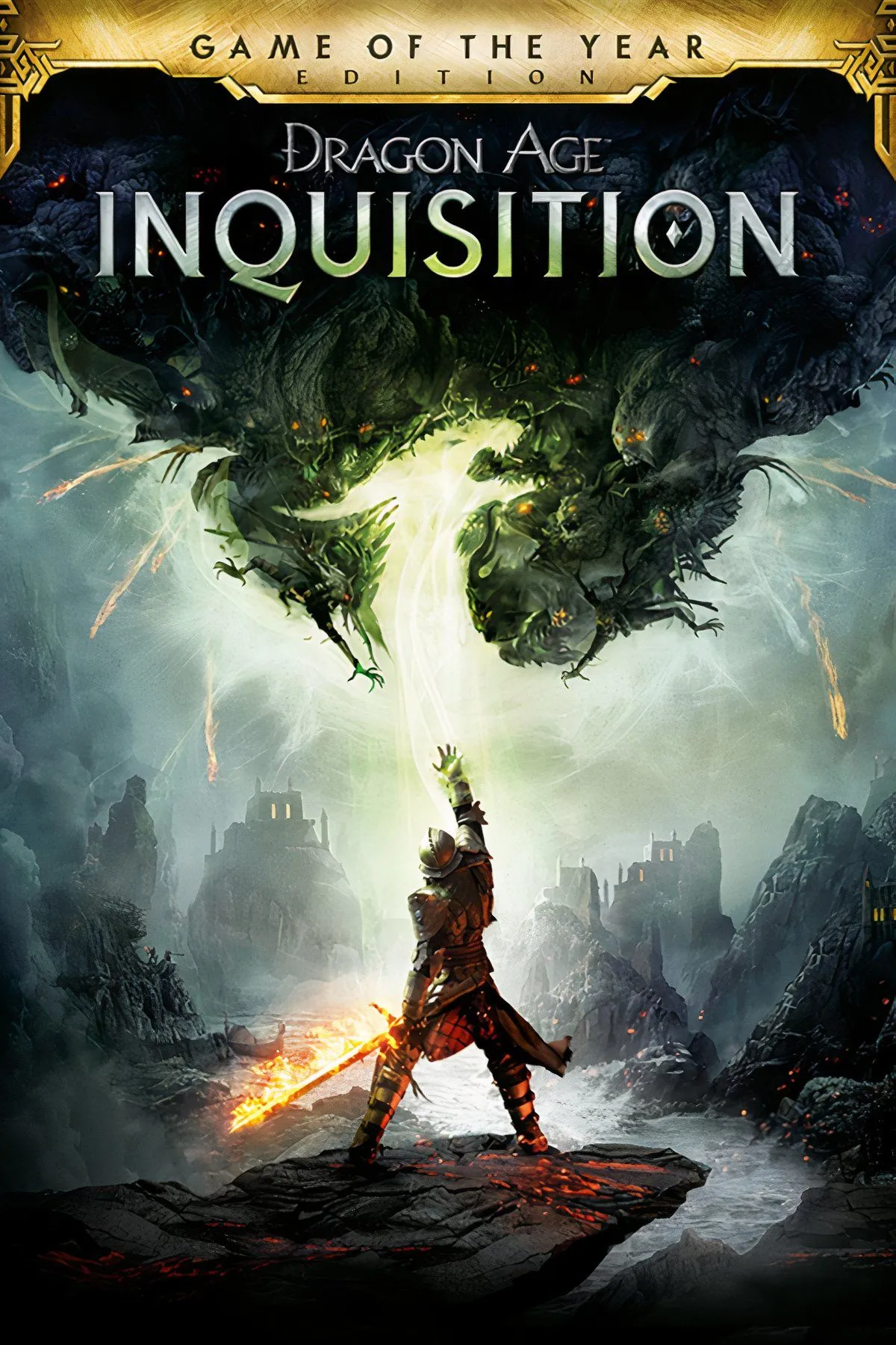 Hình ảnh một nhóm nhân vật trong Dragon Age: Inquisition đang chiến đấu với một con quái vật lớn trong khung cảnh kỳ ảo.