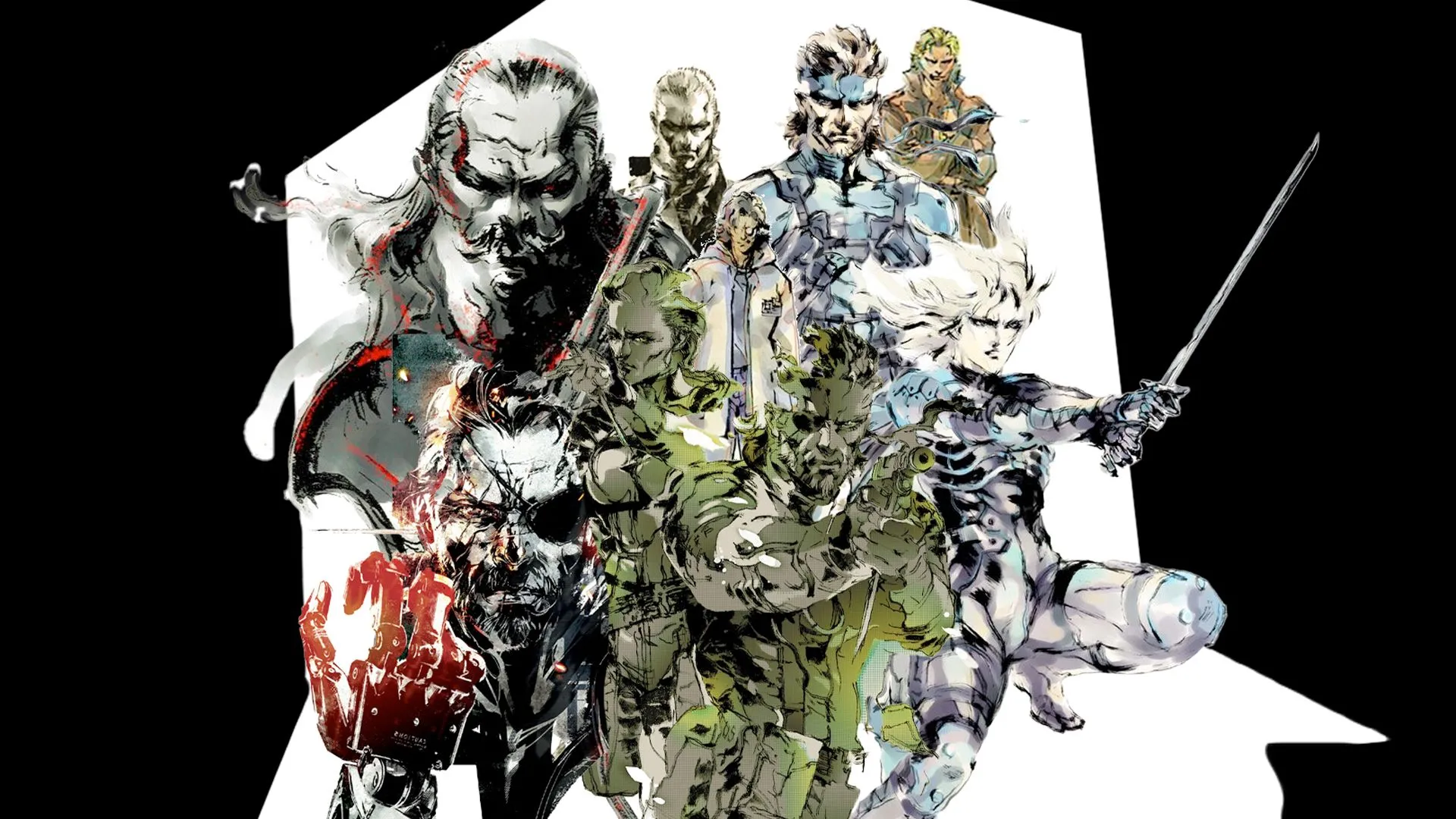 Hình ảnh nghệ thuật Metal Gear Solid của Yoji Shinkawa, với Big Boss và The Boss từ MGS3 ở phía trước, cùng các nhân vật biểu tượng khác như Raiden, Solid Snake, Liquid Snake, Otacon và Revolver Ocelot.