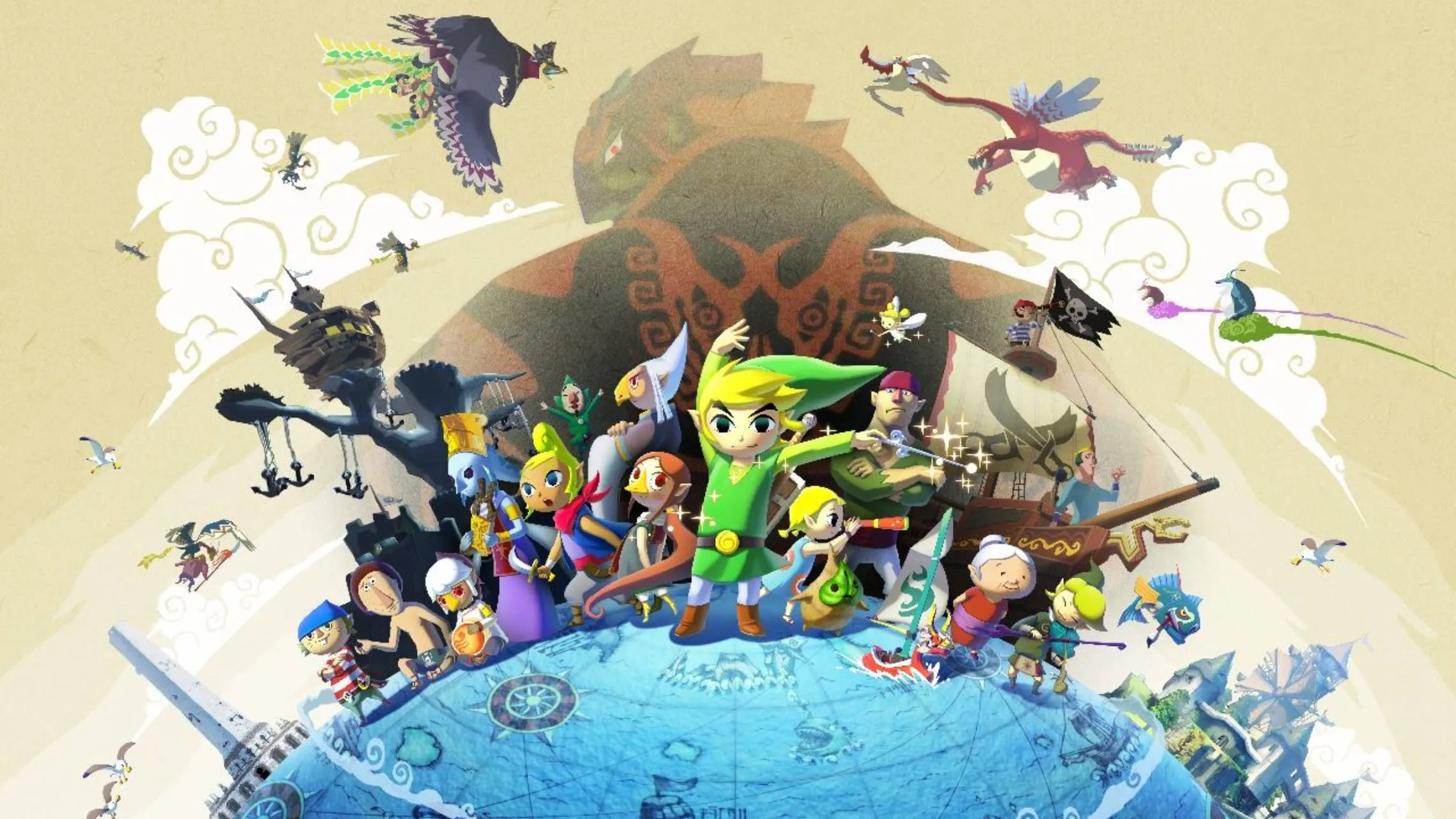 Hình ảnh nghệ thuật nhân vật Link và dàn nhân vật trong game The Legend of Zelda: The Wind Waker, tựa game chứng kiến glitch trở nên hữu ích trên Nintendo Switch 2.