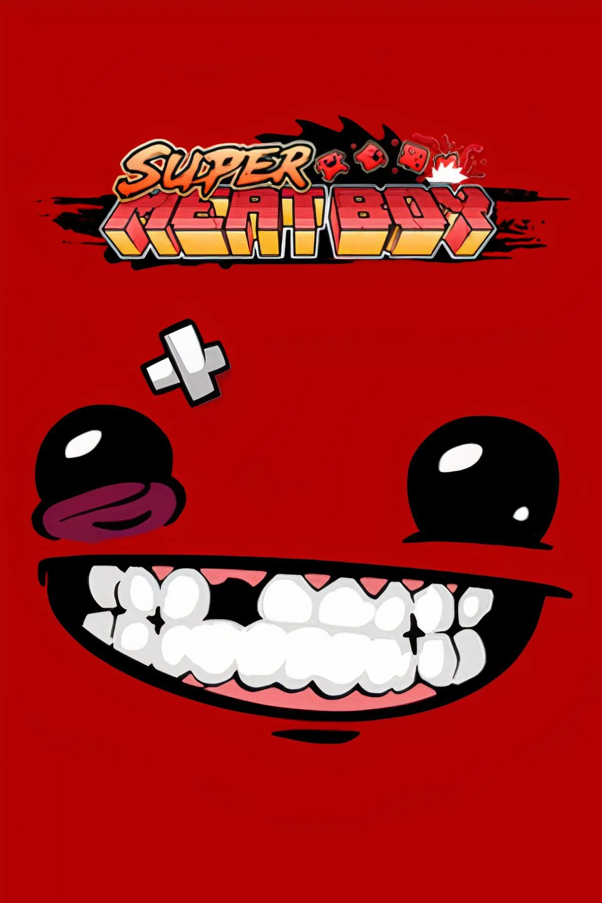 Hình ảnh nhân vật Super Meat Boy đang nhảy qua các chướng ngại vật chết người trong một màn chơi đầy màu sắc.