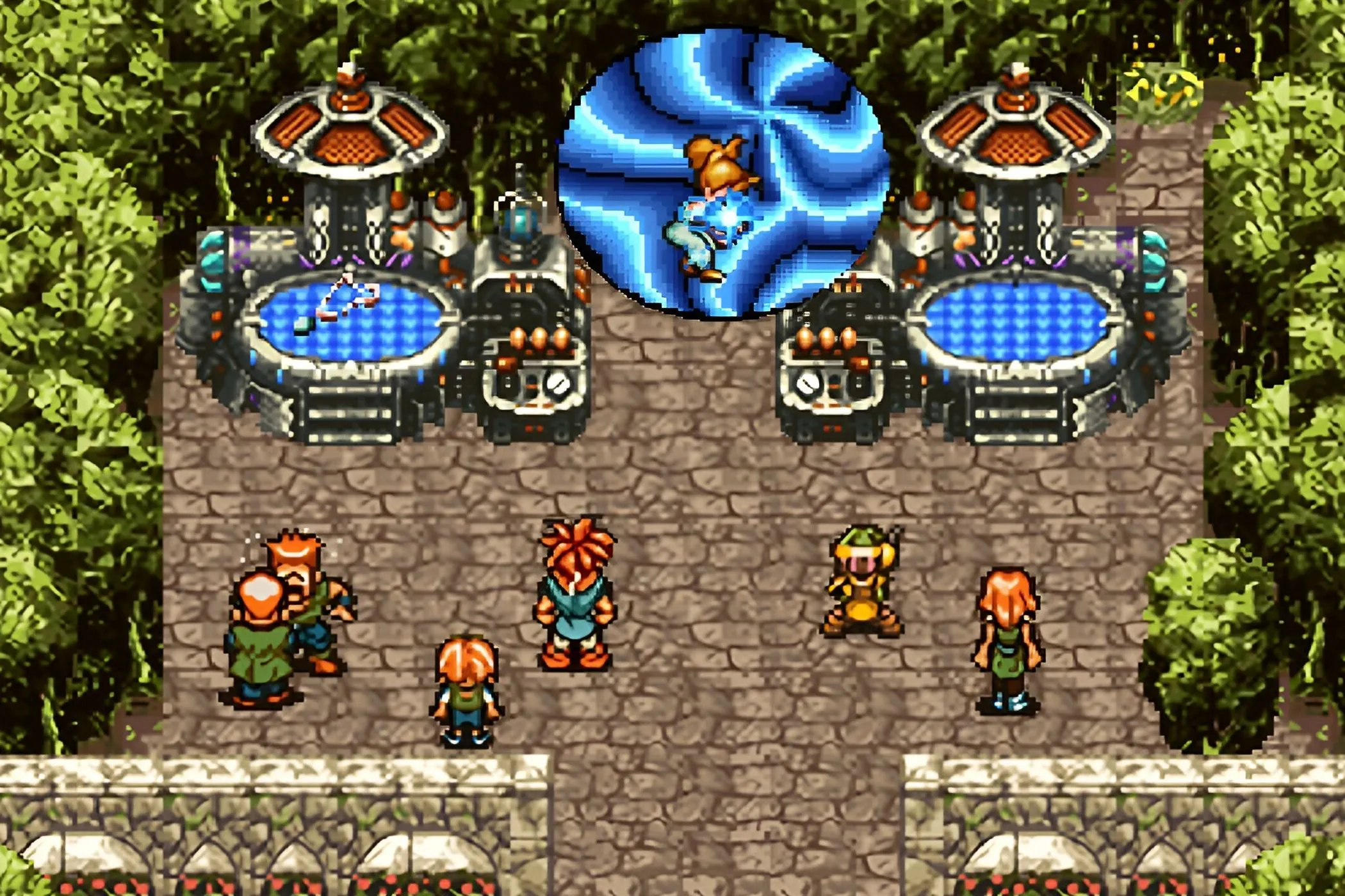 Hình ảnh nhân vật trong game Chrono Trigger kinh điển đứng trước cổng không gian, minh họa gameplay JRPG vượt thời gian.