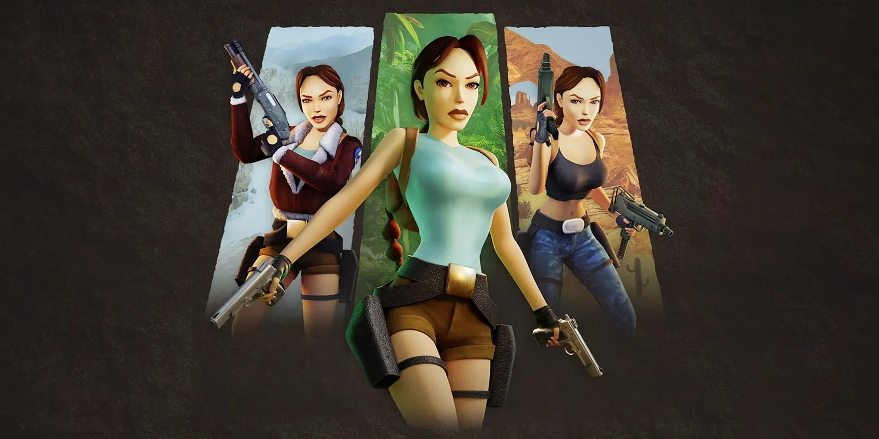 Hình ảnh quảng bá cho bản remaster của Tomb Raider 1-3, giới thiệu Lara Croft với phong thái dũng cảm và hai khẩu súng lục đặc trưng.