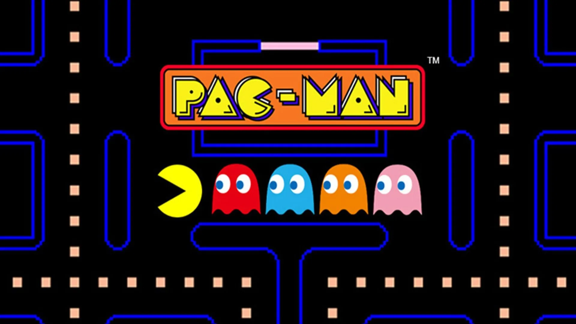 Hình ảnh quảng bá game Pac-Man, biểu tượng arcade kinh điển thập niên 80 với thiết kế đơn giản mà đáng nhớ.