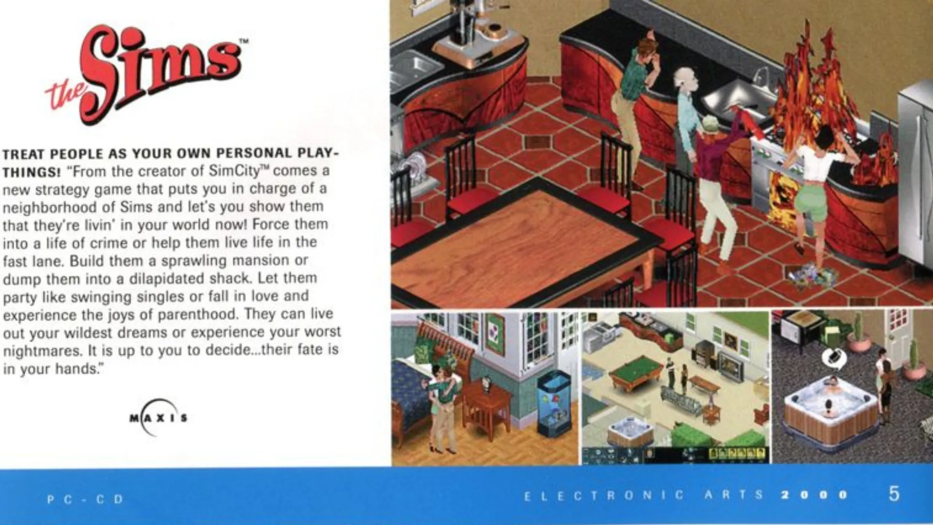 Hình ảnh quảng bá The Sims trước khi ra mắt chính thức, giới thiệu các nhân vật Sim trong một ngôi nhà