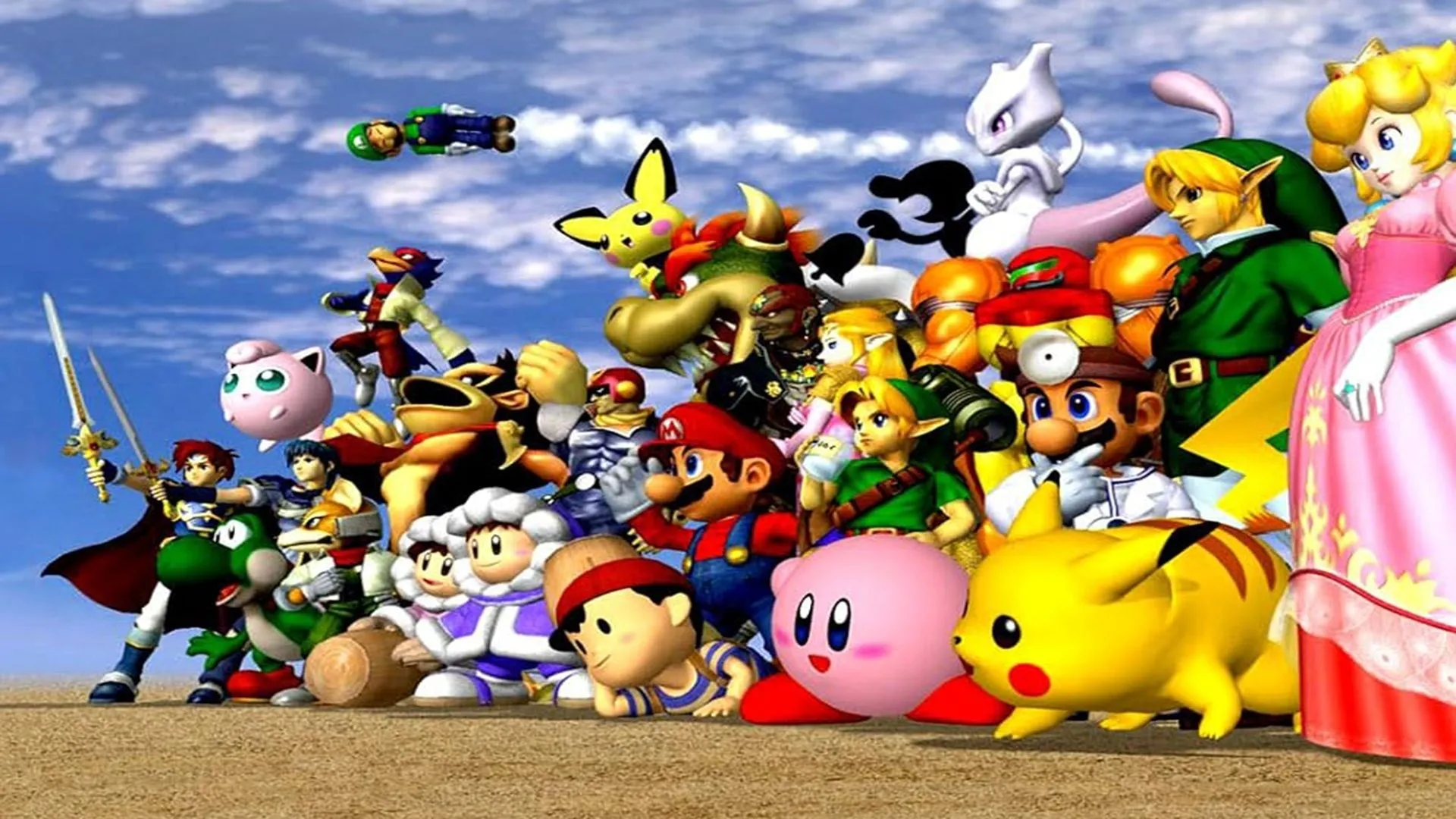 Hình ảnh quảng cáo các nhân vật nổi bật trong tựa game đối kháng Super Smash Bros. Melee, một biểu tượng của GameCube.