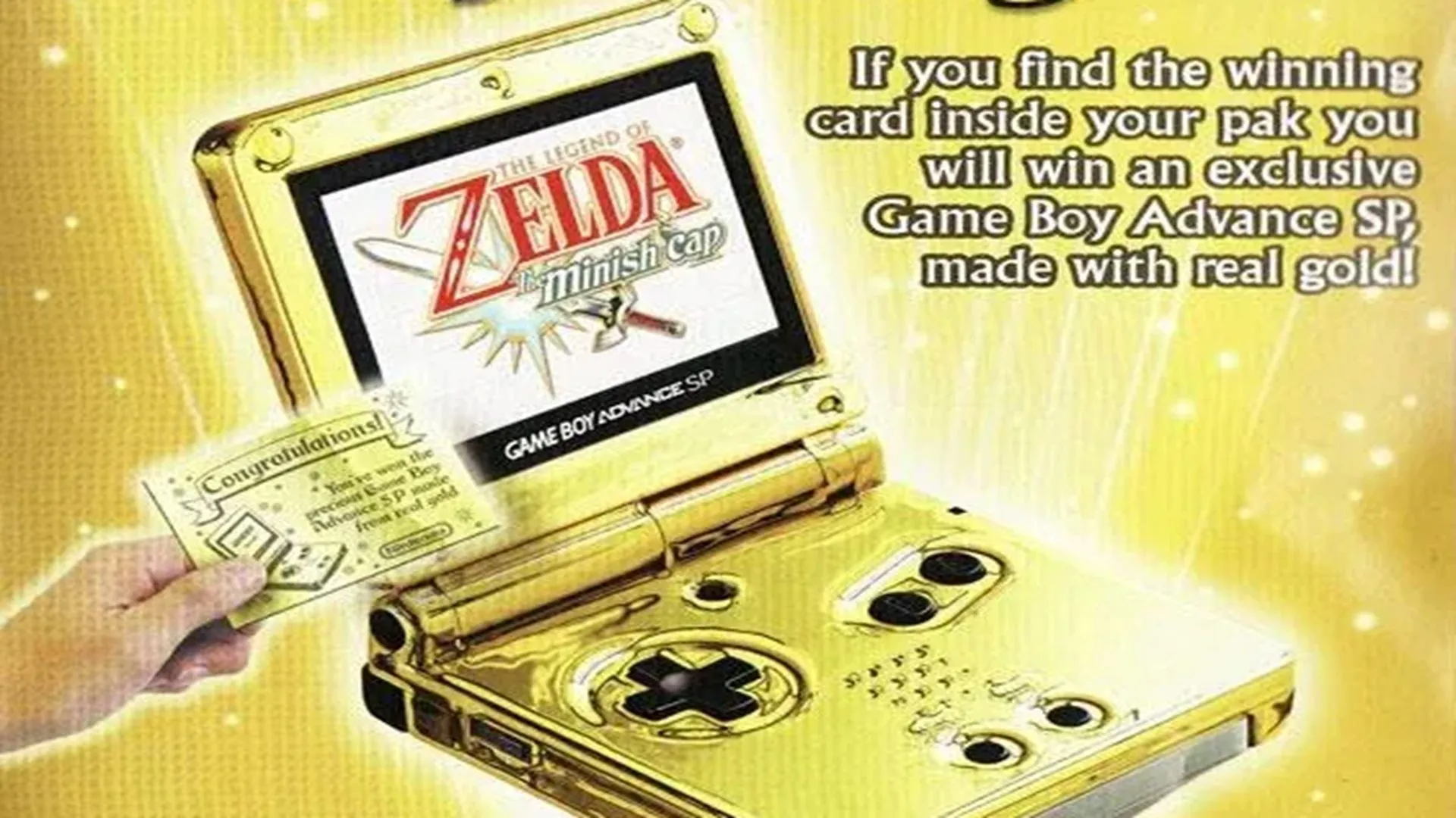 Hình ảnh quảng cáo cuộc thi tặng Game Boy Advance SP mạ vàng 24K cho The Legend of Zelda: The Minish Cap