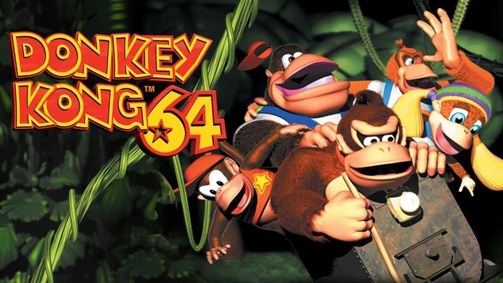 Hình ảnh quảng cáo game Donkey Kong 64 cho hệ máy Nintendo 64, thể hiện hành động phiêu lưu của Donkey Kong