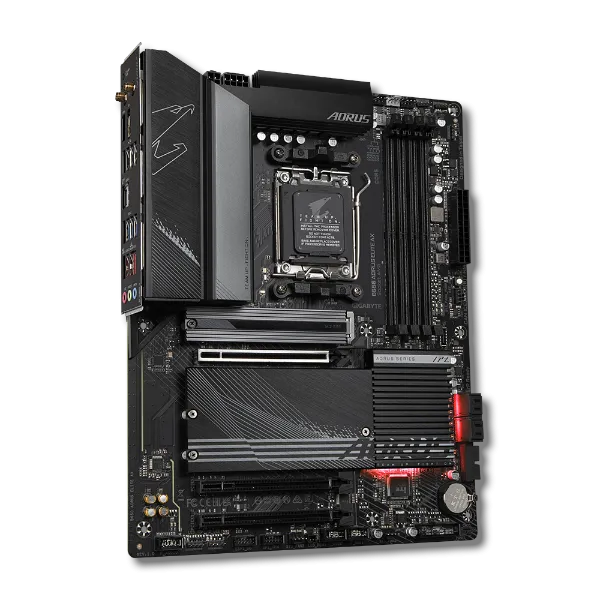 Hình ảnh render bo mạch chủ Gigabyte B650 AORUS Elite AX nhìn từ góc nghiêng