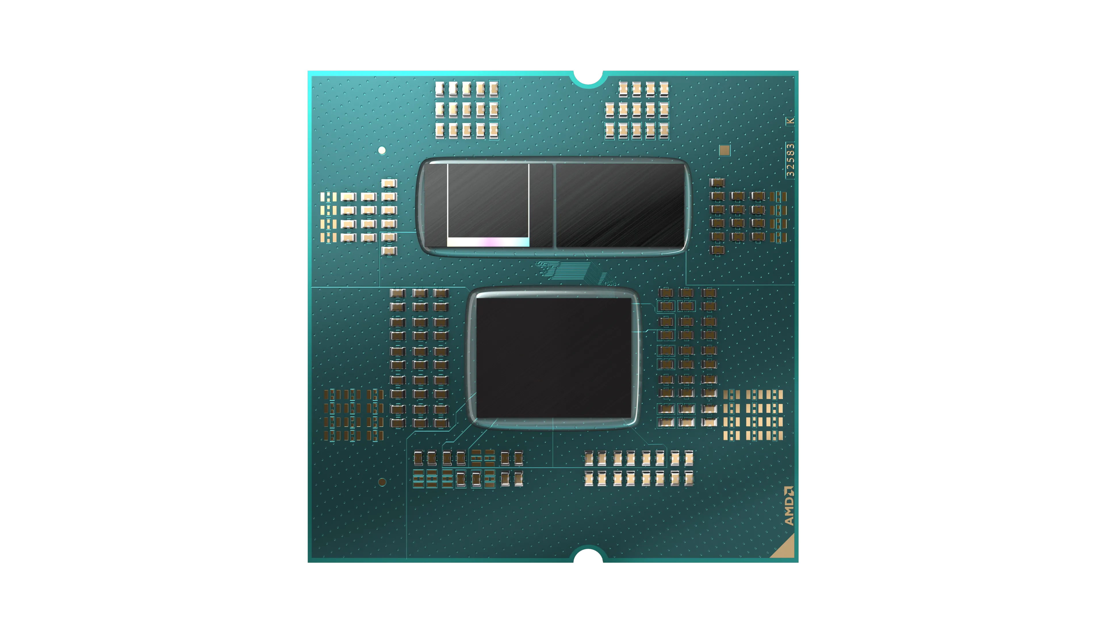 Hình ảnh render CPU Ryzen 7000 với công nghệ 3D V-Cache và hai CCD, thể hiện cách Infinity Fabric kết nối các chiplet.
