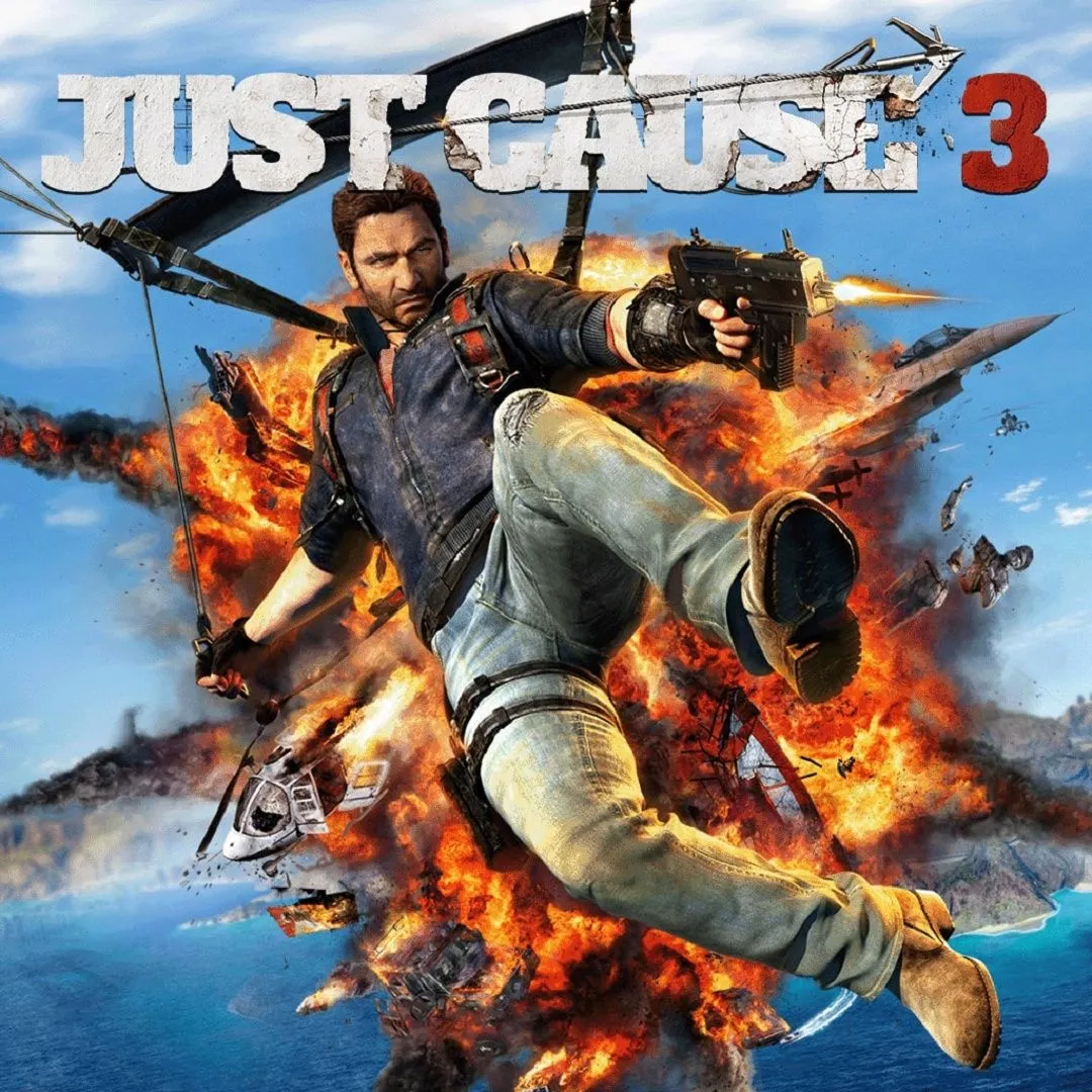 Hình ảnh sản phẩm game Just Cause 3, nhấn mạnh sự hỗn loạn và phá hủy trong thế giới mở.