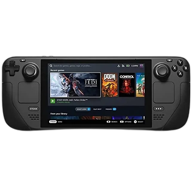 Hình ảnh Steam Deck từ trên xuống, nổi bật thiết kế ergonomic và nút điều khiển