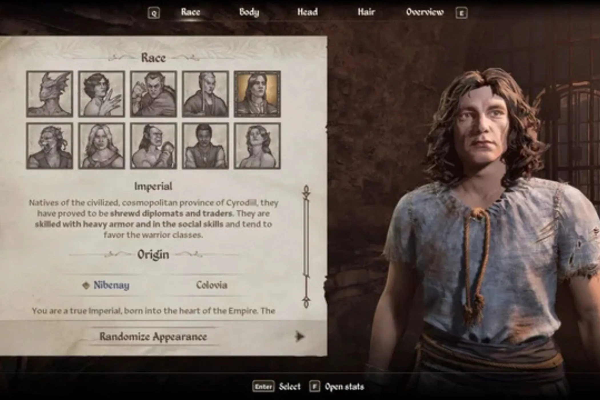 Hình ảnh tạo nhân vật Imperial trong The Elder Scrolls Oblivion Remastered, cho thấy đồ họa được làm mới của game.