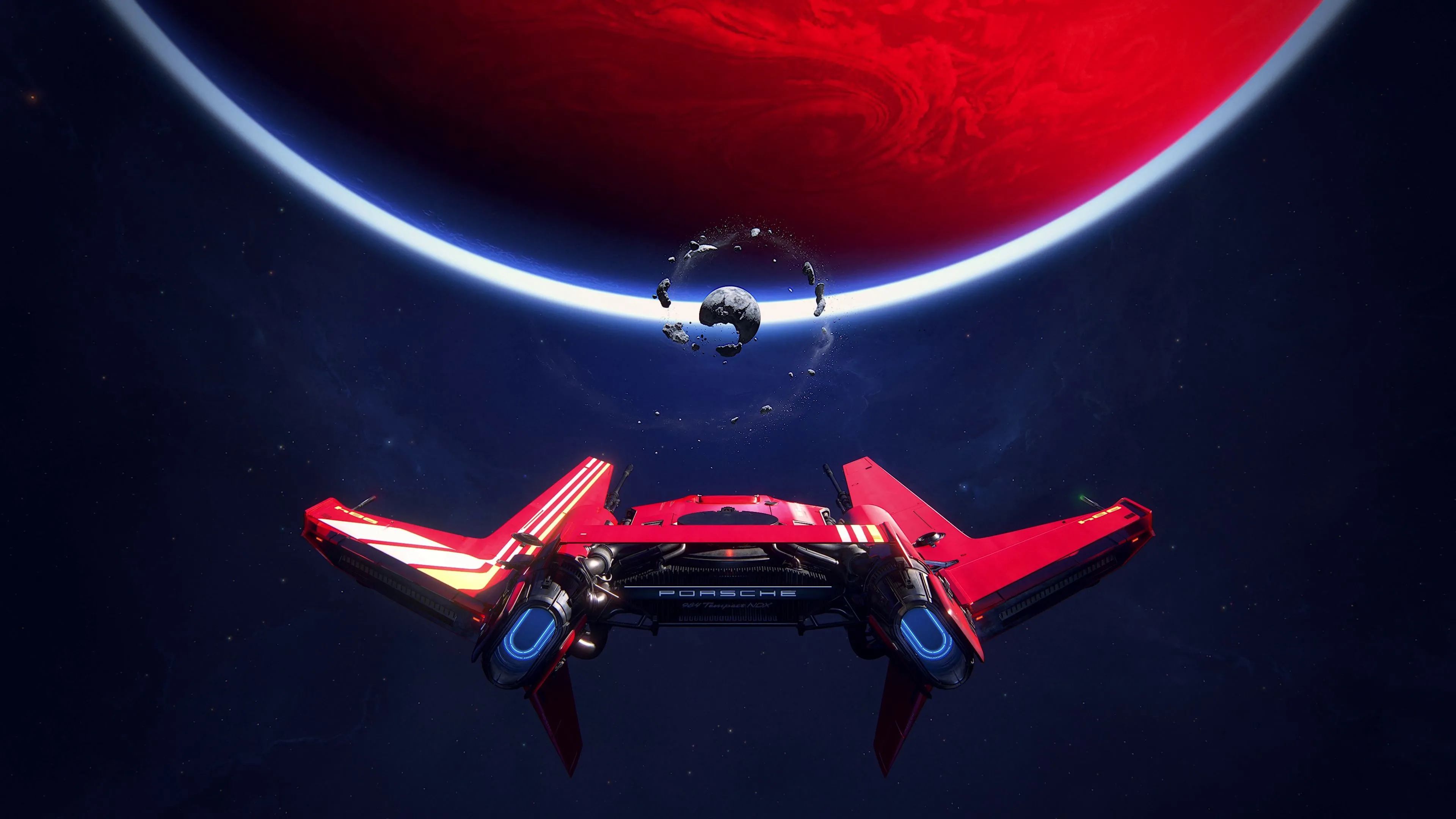Hình ảnh tàu vũ trụ từ Intergalactic: The Heretic Prophet có logo Porsche, minh họa sự lo ngại về quảng cáo sản phẩm trong game khoa học viễn tưởng.