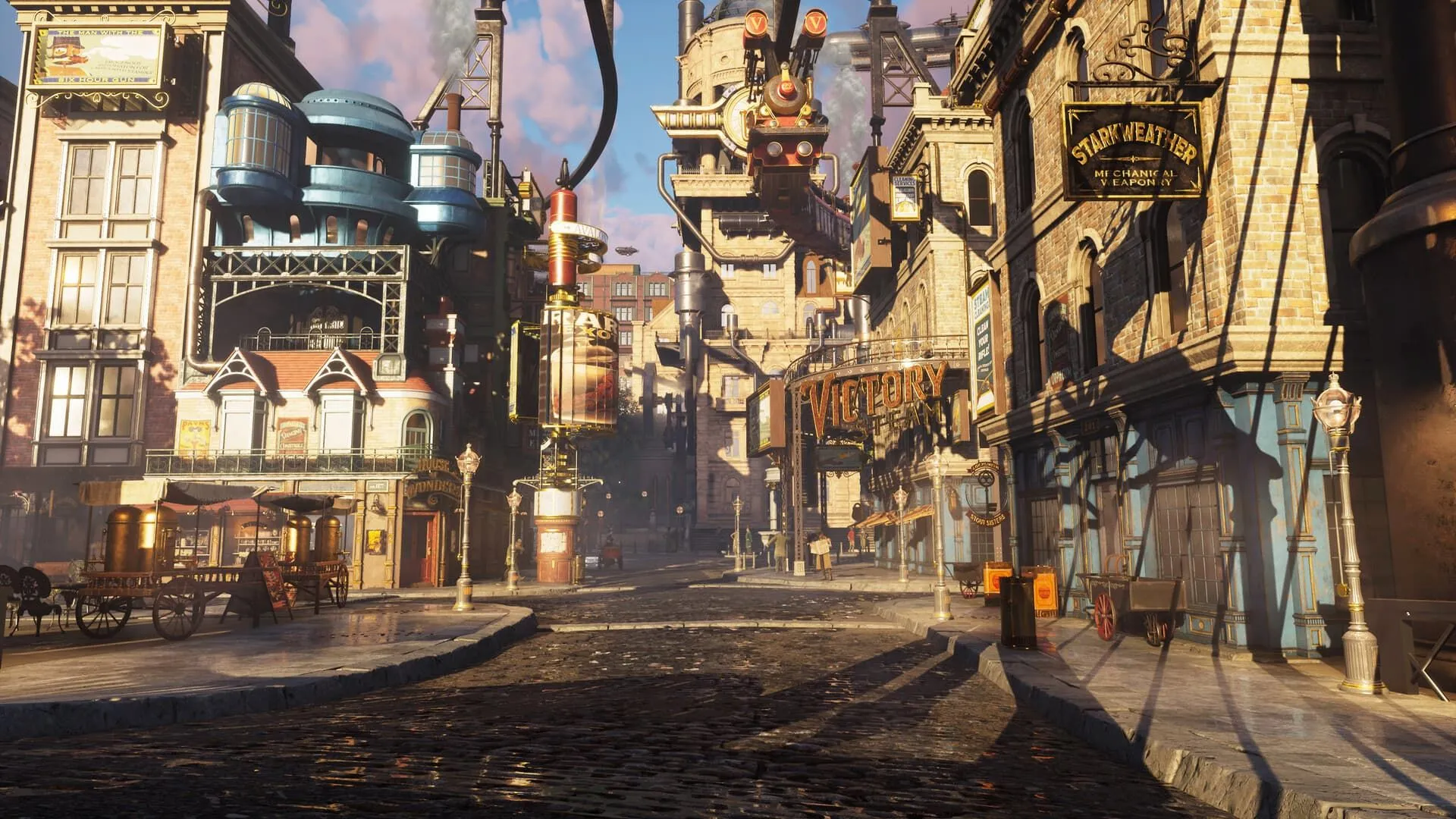 Hình ảnh thành phố mang phong cách steampunk trong game Clockwork Revolution