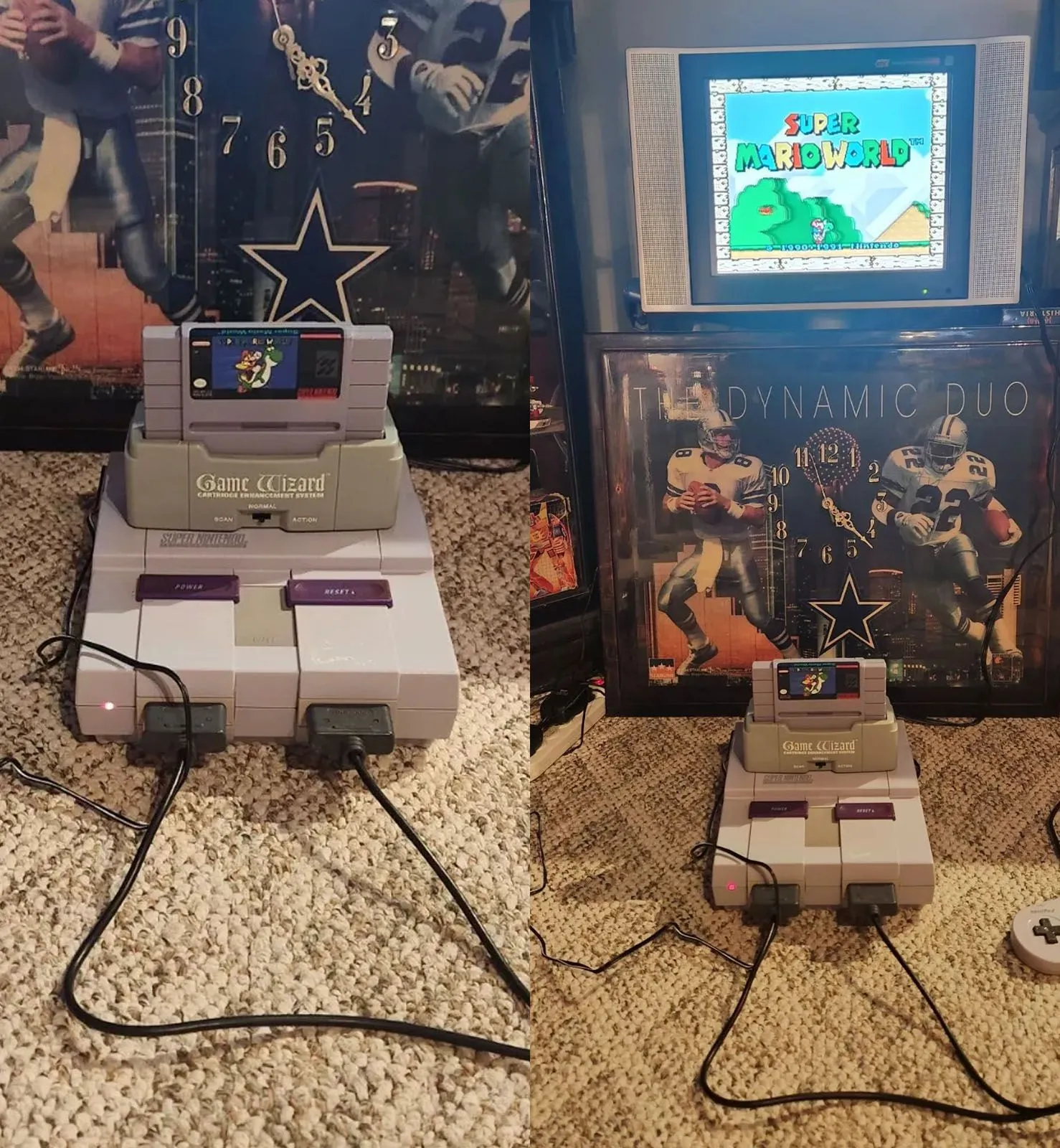 Hình ảnh thiết bị Game Wizard được cắm vào console SNES, kết nối với màn hình TV, thể hiện cách thức sử dụng thực tế của thiết bị cheat huyền thoại này