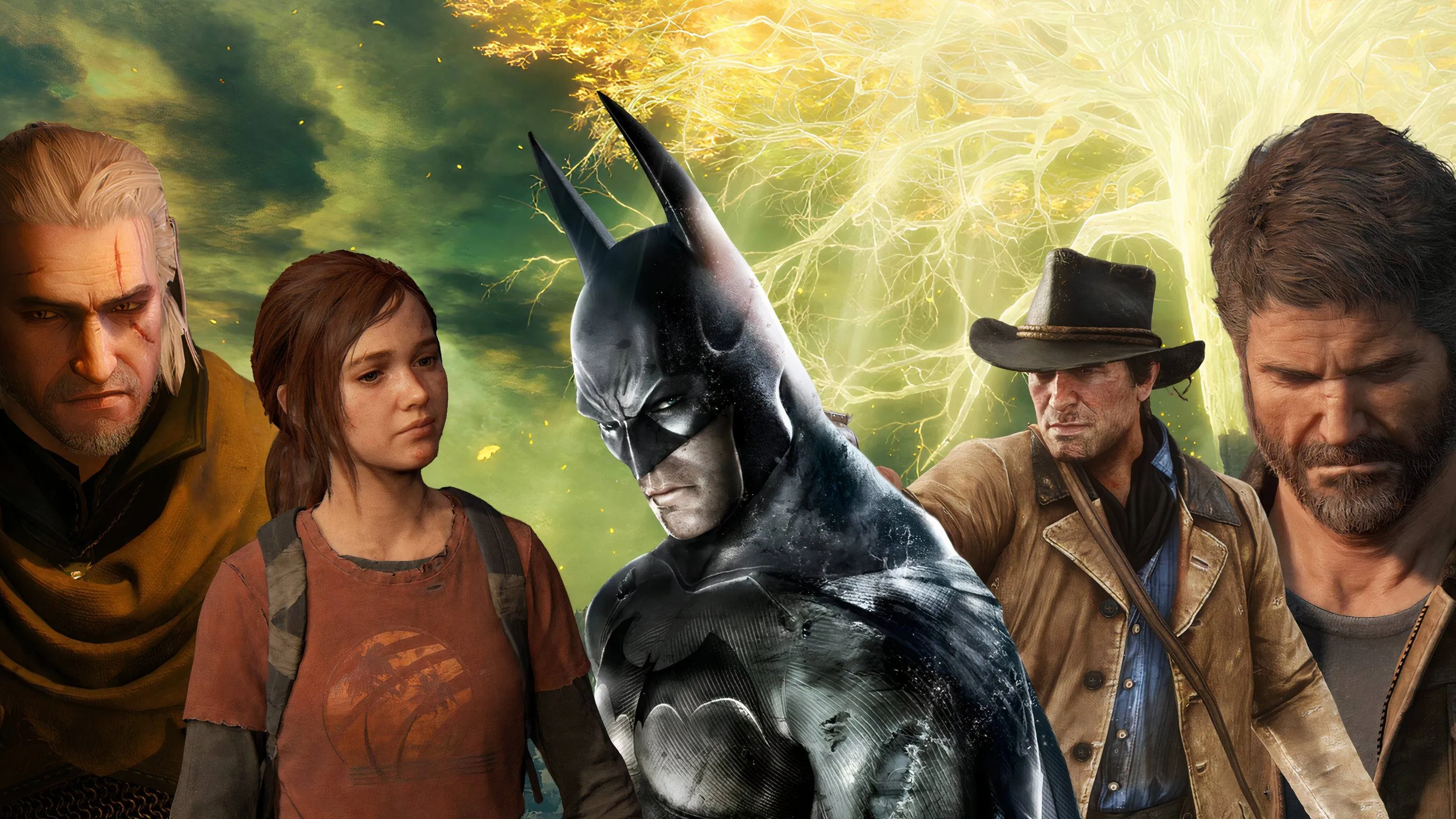 Hình ảnh tổng hợp các nhân vật game kinh điển: Geralt, Ellie, Batman, Arthur Morgan và Joel Miller