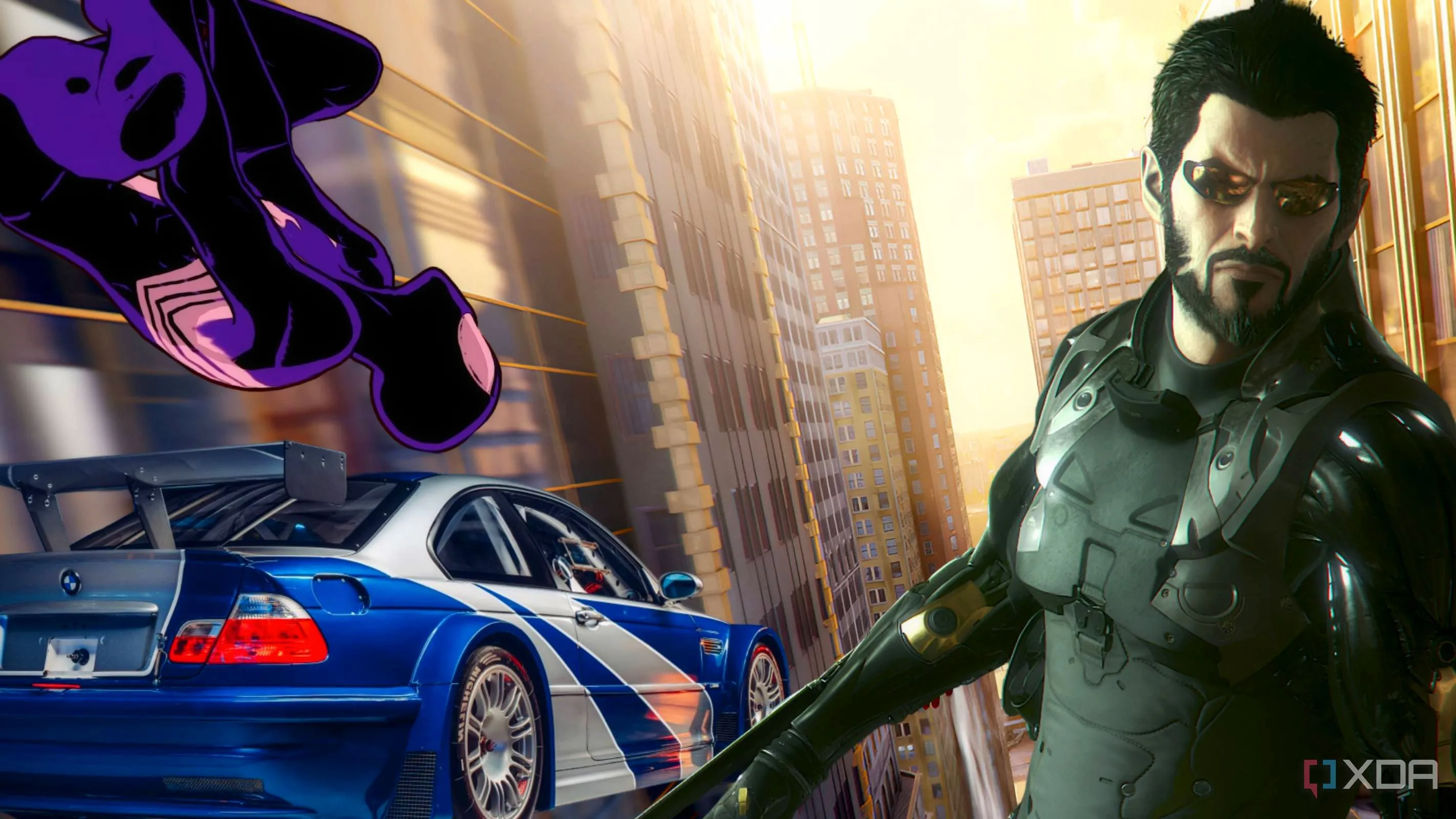 Hình ảnh tổng hợp xe BMW, Người Nhện trong trang phục tím và Adam Jensen từ Deus Ex, đại diện cho những game bị hủy bỏ đầy tiếc nuối
