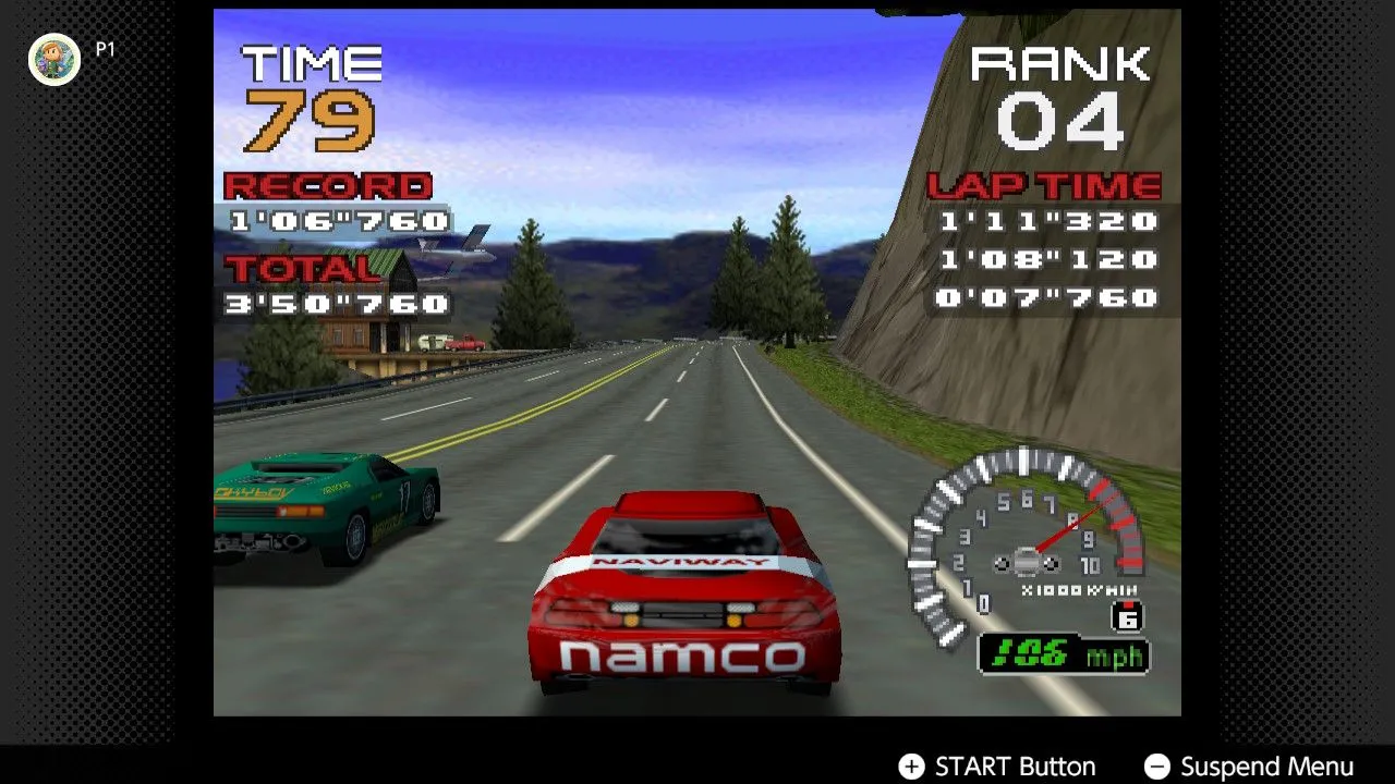 Hình ảnh từ game đua xe Ridge Racer 64 đang chạy trên Nintendo Switch