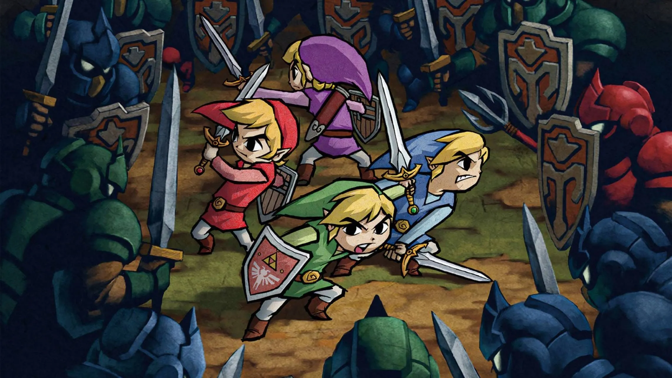 Hình vẽ chính thức thể hiện bốn phiên bản Link chiến đấu chống lại kẻ thù trong The Legend of Zelda: Four Swords Adventure