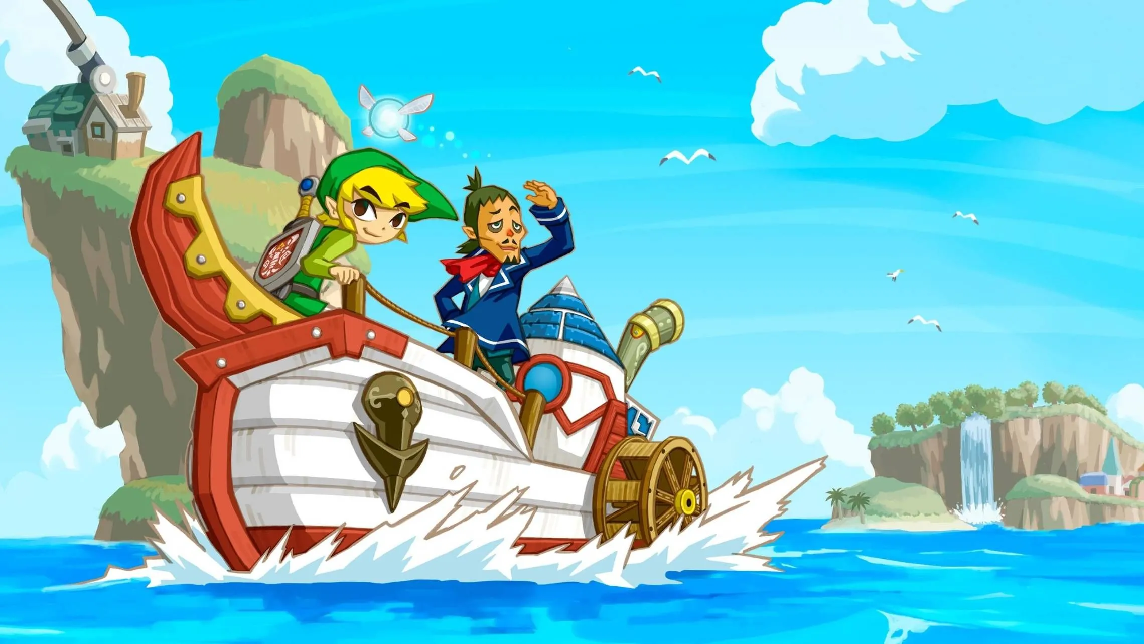 Hình vẽ minh họa Link và thuyền trưởng Linebeck trong The Legend of Zelda: Phantom Hourglass trên Nintendo DS