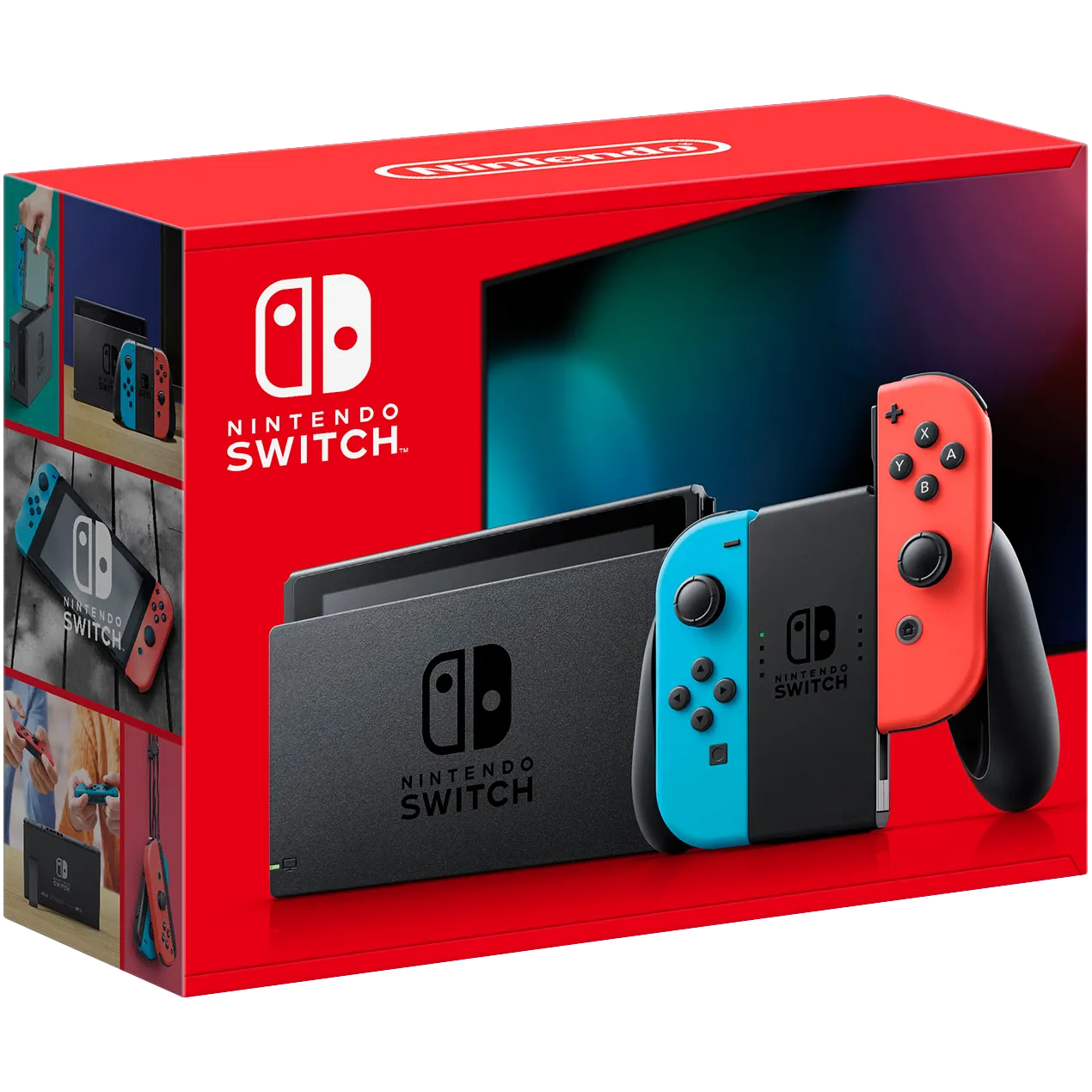 Hộp bán lẻ của mẫu Nintendo Switch tiêu chuẩn với Joy-Con màu đỏ và xanh