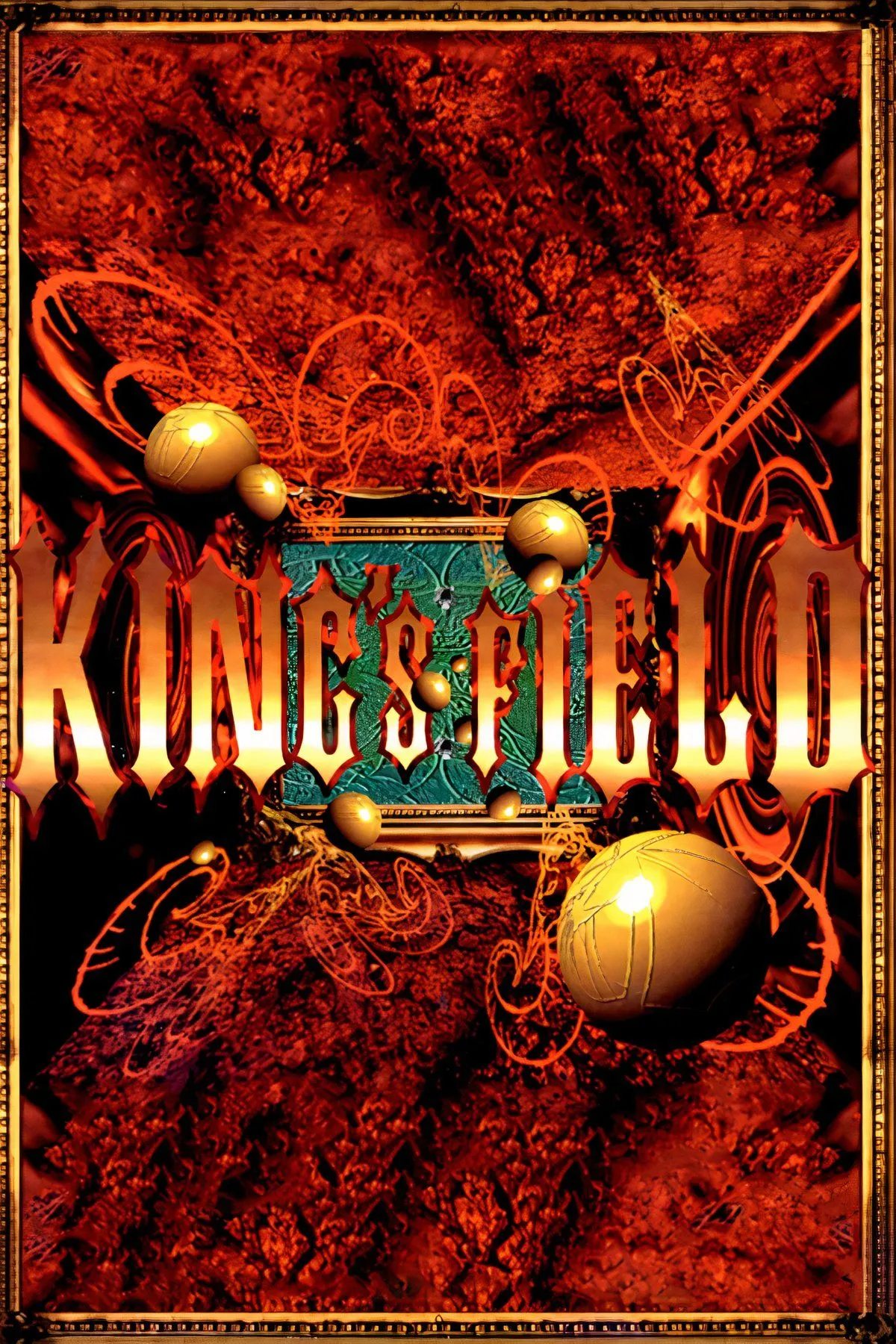 Hộp đĩa game King's Field trên PlayStation 1, với hình ảnh nhân vật chính cầm kiếm và khiên trong một hầm ngục u ám