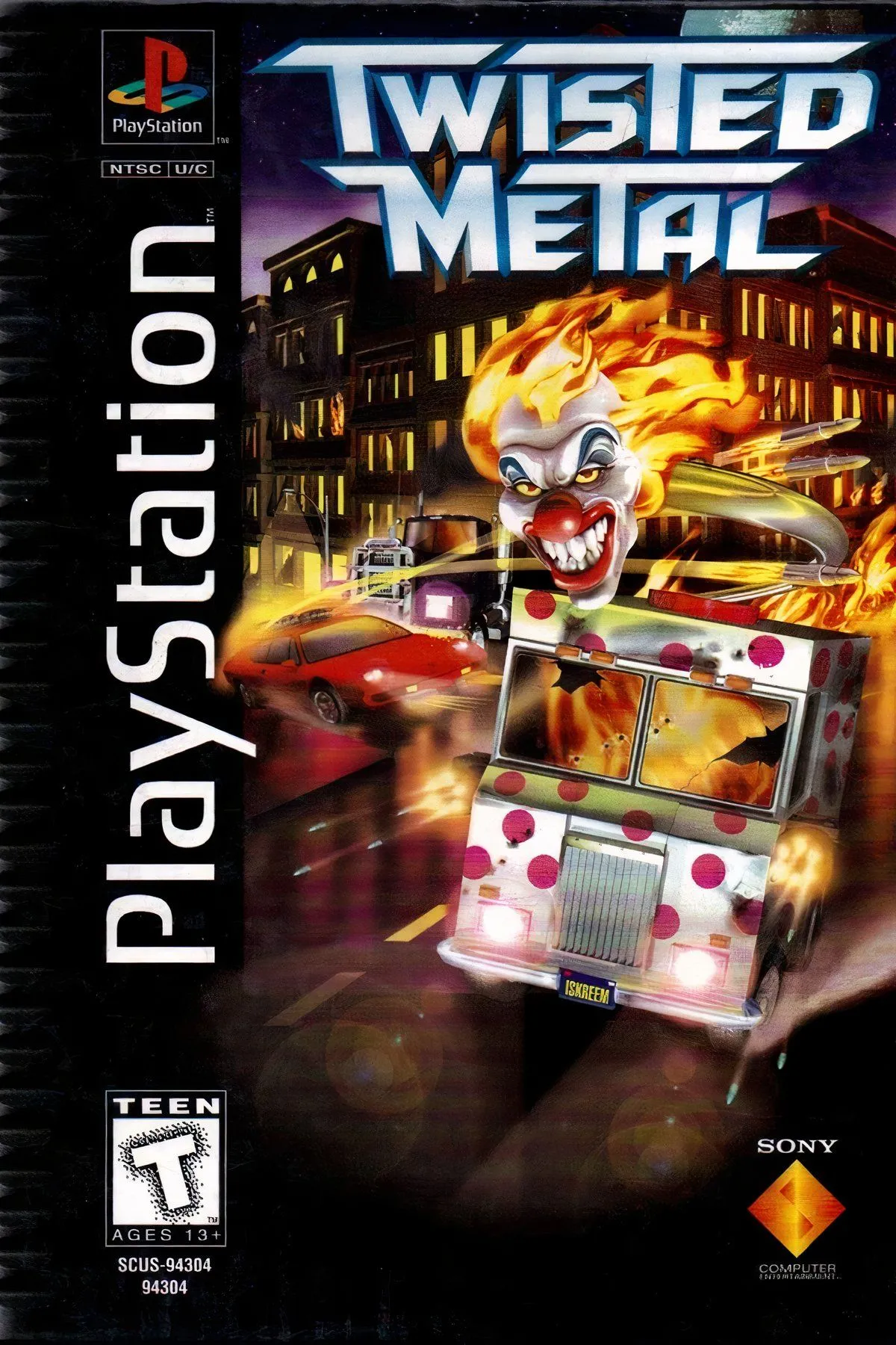 Hộp đĩa game Twisted Metal phiên bản Long Box trên PlayStation 1, với hình ảnh Sweet Tooth và chiếc xe kem hủy diệt