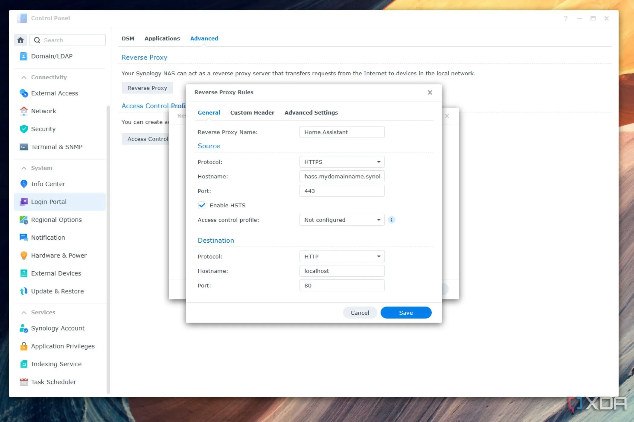 Hộp thoại cấu hình Reverse Proxy trên Synology NAS, hiển thị cài đặt nguồn (Source) và đích (Destination) cho một ứng dụng cụ thể
