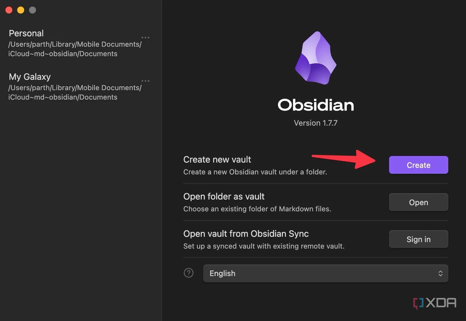 Hộp thoại tạo vault mới trong Obsidian, cho phép đặt tên và cấu hình không gian làm việc cho dự án.