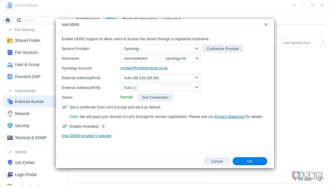 Hộp thoại thêm cấu hình DDNS mới trên Synology DSM 7, với các trường thông tin cho nhà cung cấp dịch vụ và tên máy chủ