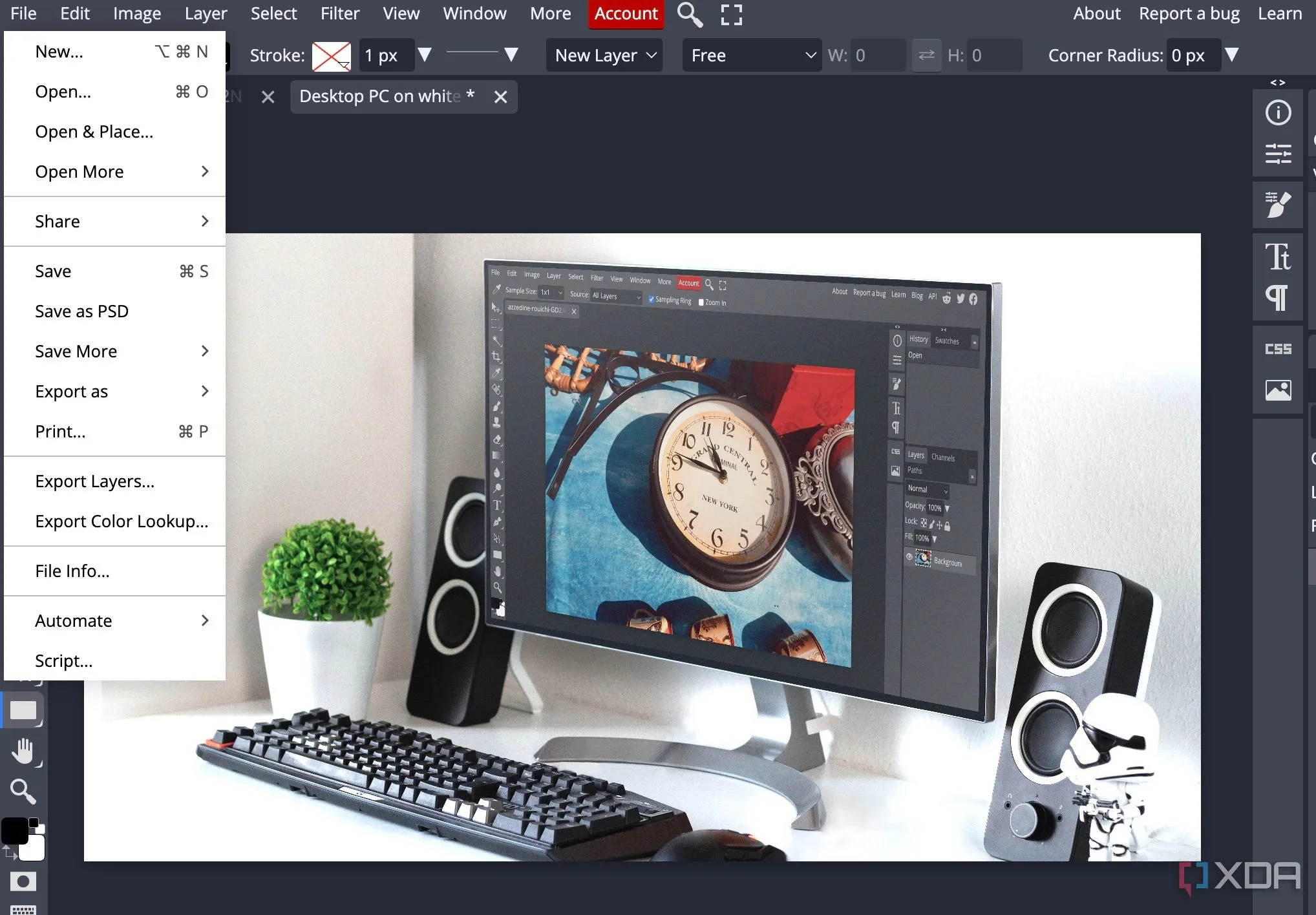 Hộp thoại tùy chọn xuất và lưu file trong Photopea, cho thấy khả năng xử lý mượt mà ngay cả với các dự án lớn