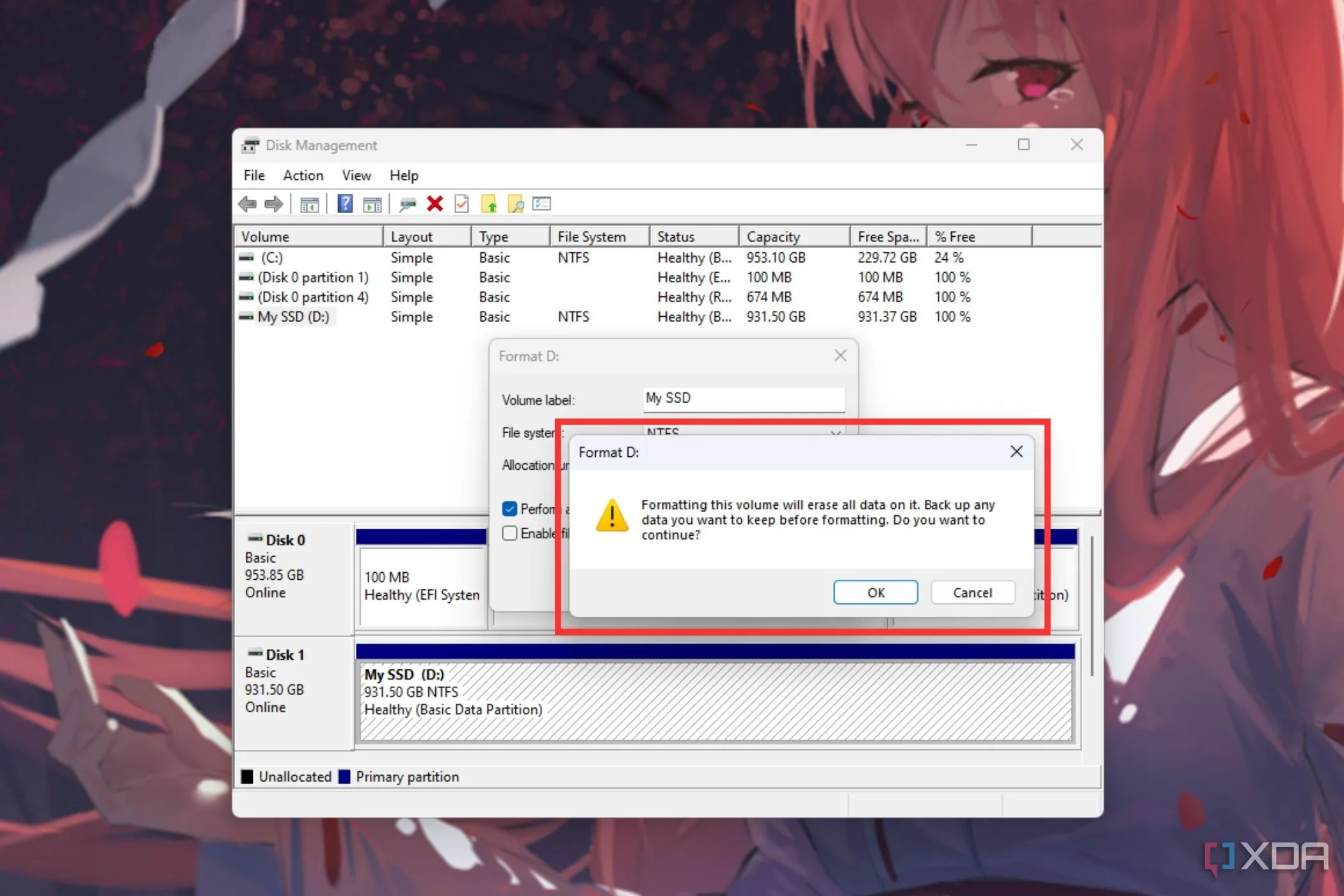 Hộp thoại xác nhận định dạng ổ đĩa trong Disk Management của Windows, liên quan đến lầm tưởng về việc xóa dữ liệu vĩnh viễn