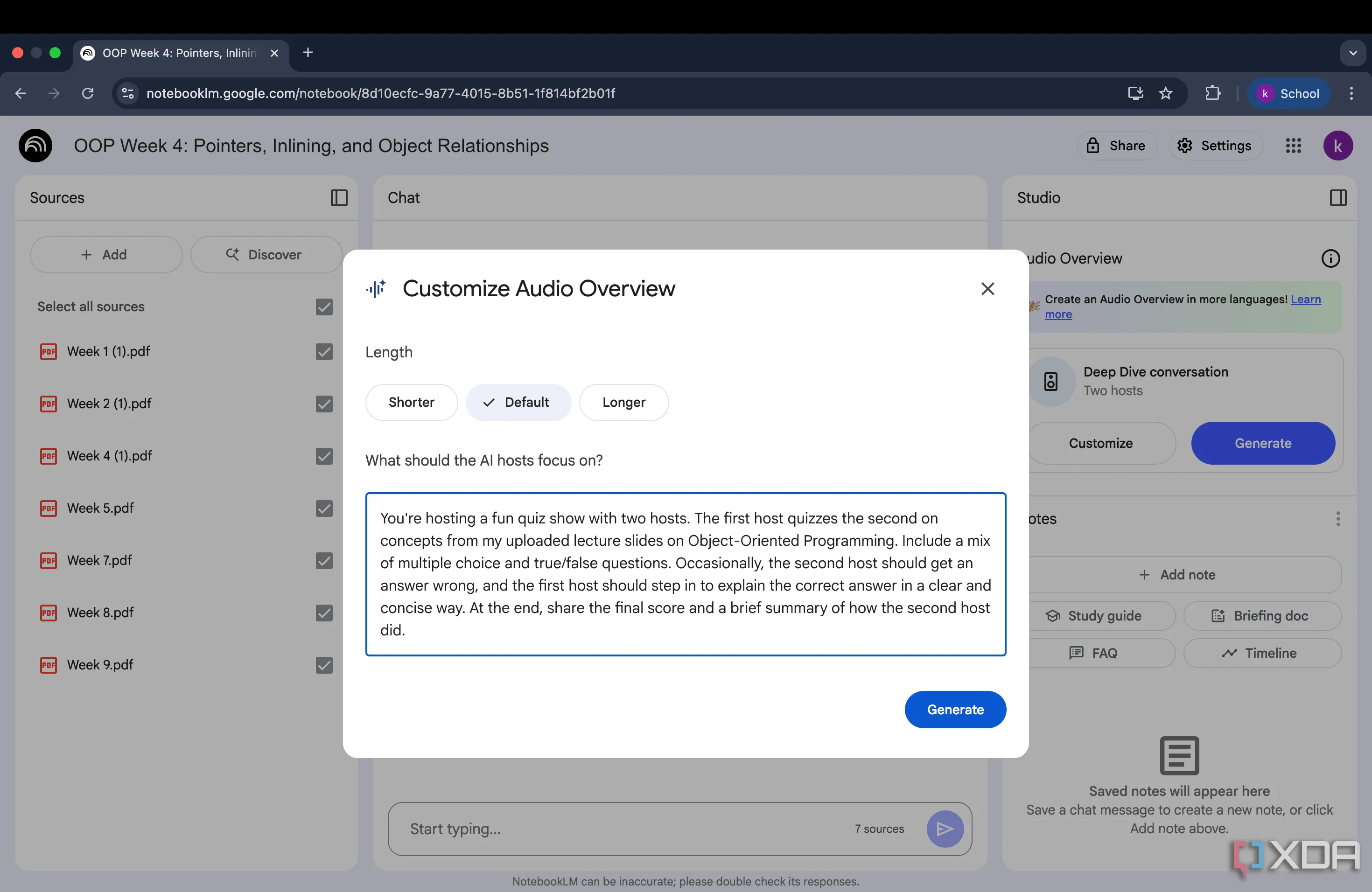 Hộp tùy chỉnh tính năng Audio Overview của NotebookLM với tùy chọn tạo chương trình đố vui dựa trên tài liệu.