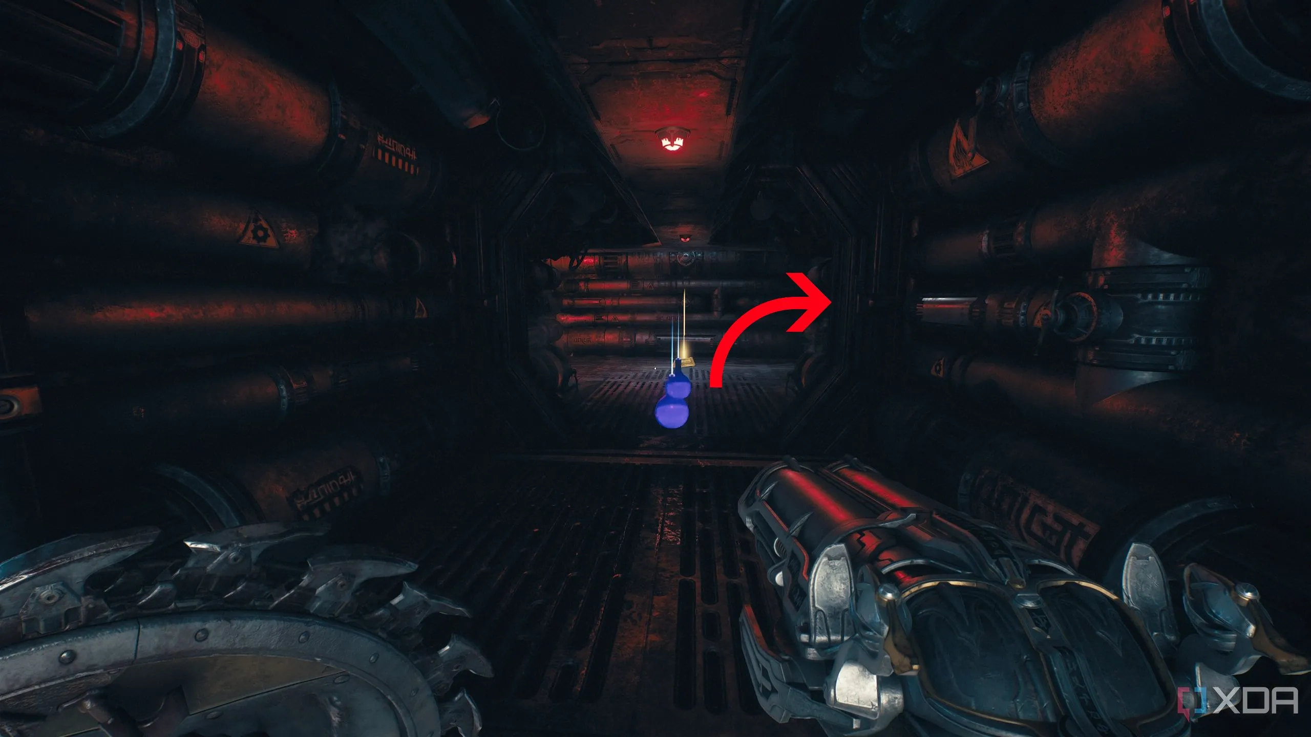 Hướng dẫn rẽ phải trong ống thông gió để đến Khu vực bí mật 3, bất chấp những luồng lửa trong Doom The Dark Ages.