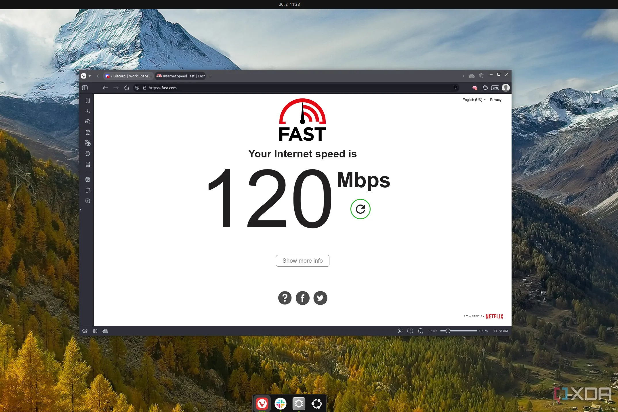 Kết quả kiểm tra tốc độ internet 120Mbps trên Ubuntu dùng trình duyệt Vivaldi