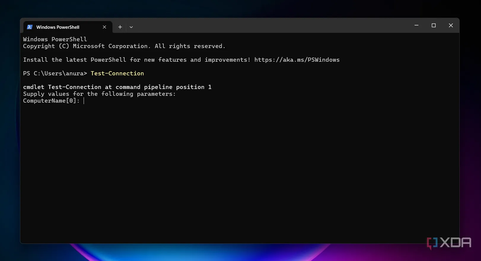 Kết quả Test-Connection trong PowerShell hiển thị trạng thái kết nối mạng đến một địa chỉ cụ thể