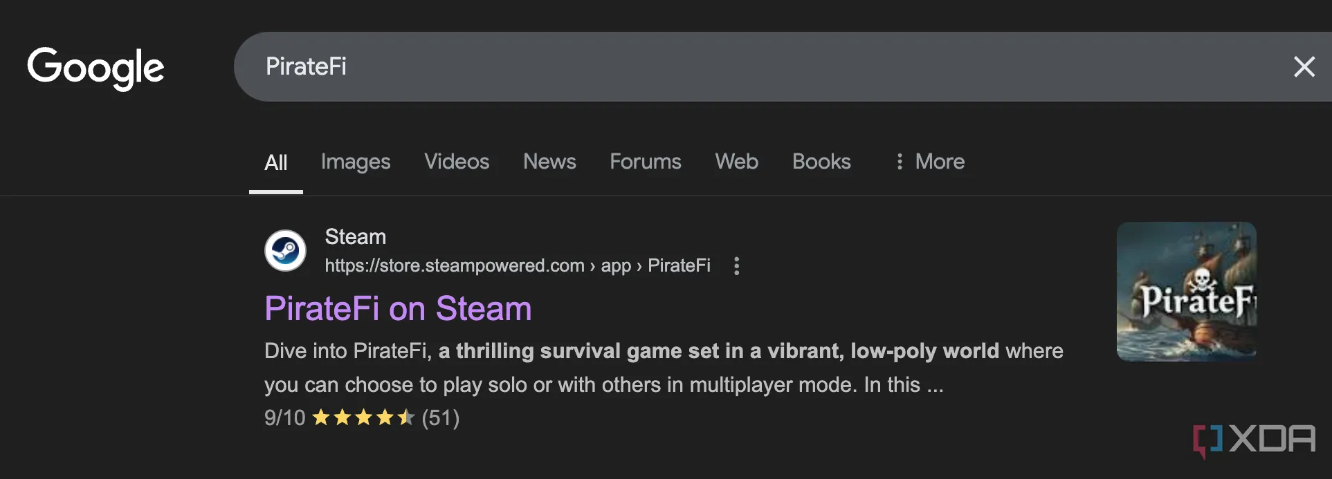 Kết quả tìm kiếm Google cho tựa game PirateFi trên Steam sau khi bị gỡ bỏ