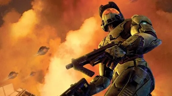 Key art của Halo 2 với Master Chief trong tư thế sẵn sàng chiến đấu, nhấn mạnh tính hành động của game