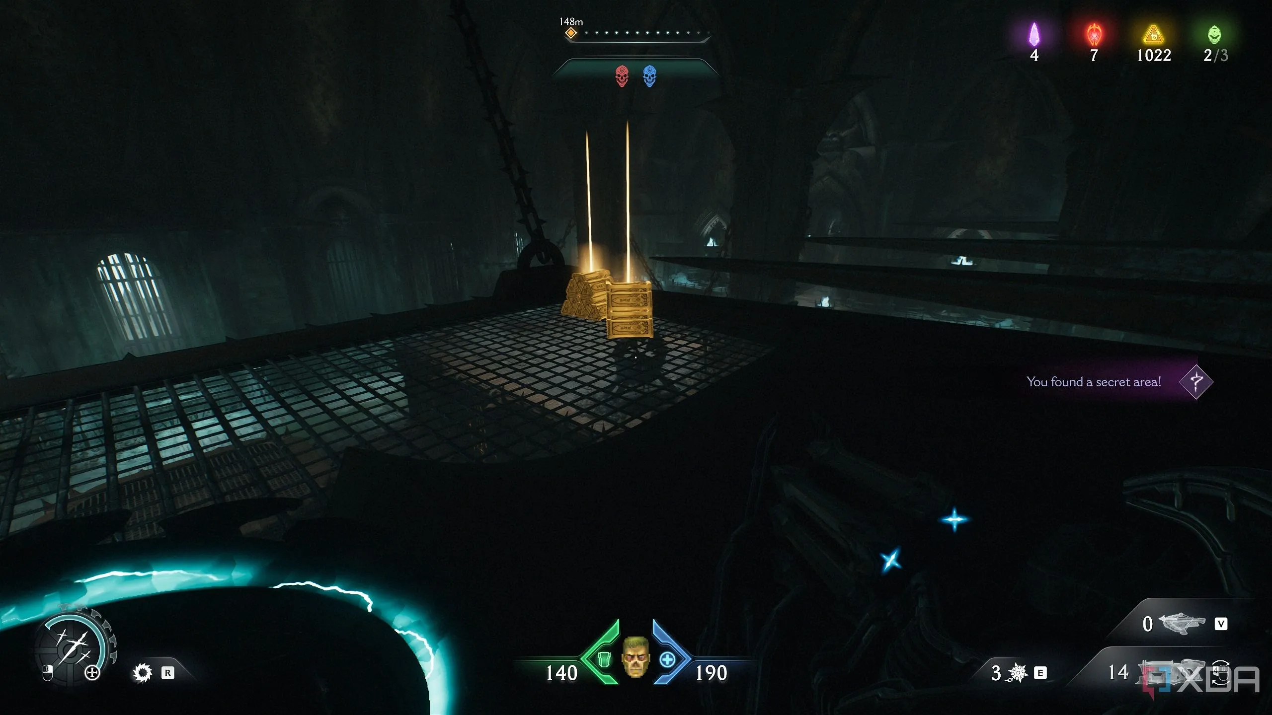 Khu vực bí mật 9 và hai cọc vàng trên lối đi kim loại trong Chapter 19 Doom: The Dark Ages