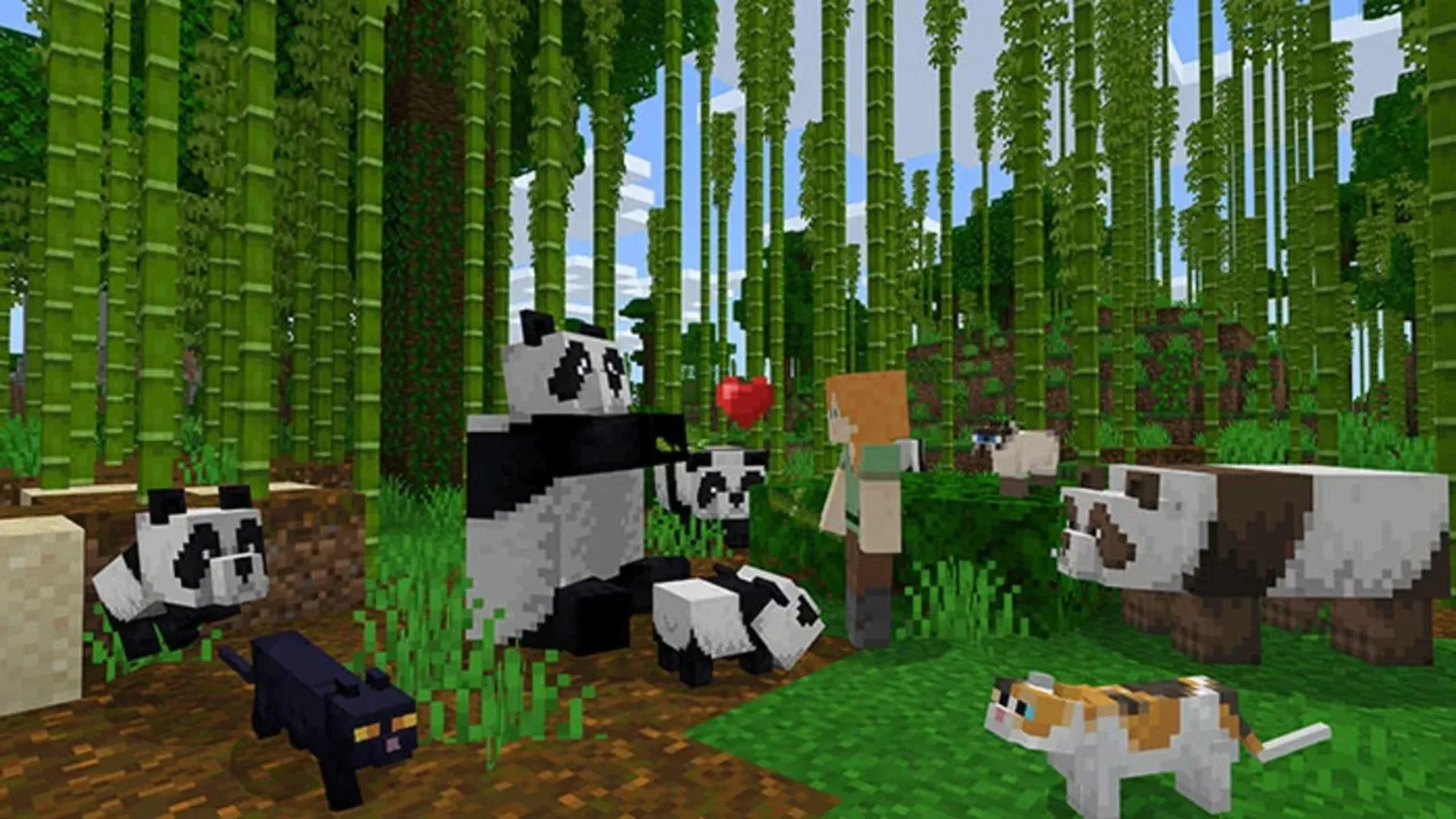 Khung cảnh một người chơi cùng đàn gấu trúc trong thế giới khối lập phương của Minecraft trên Nintendo Switch 2