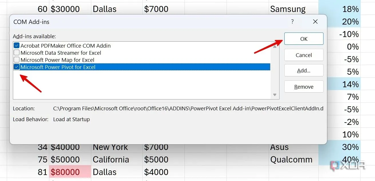 Kích hoạt tùy chọn Microsoft Power Pivot cho Excel từ danh sách COM Add-ins