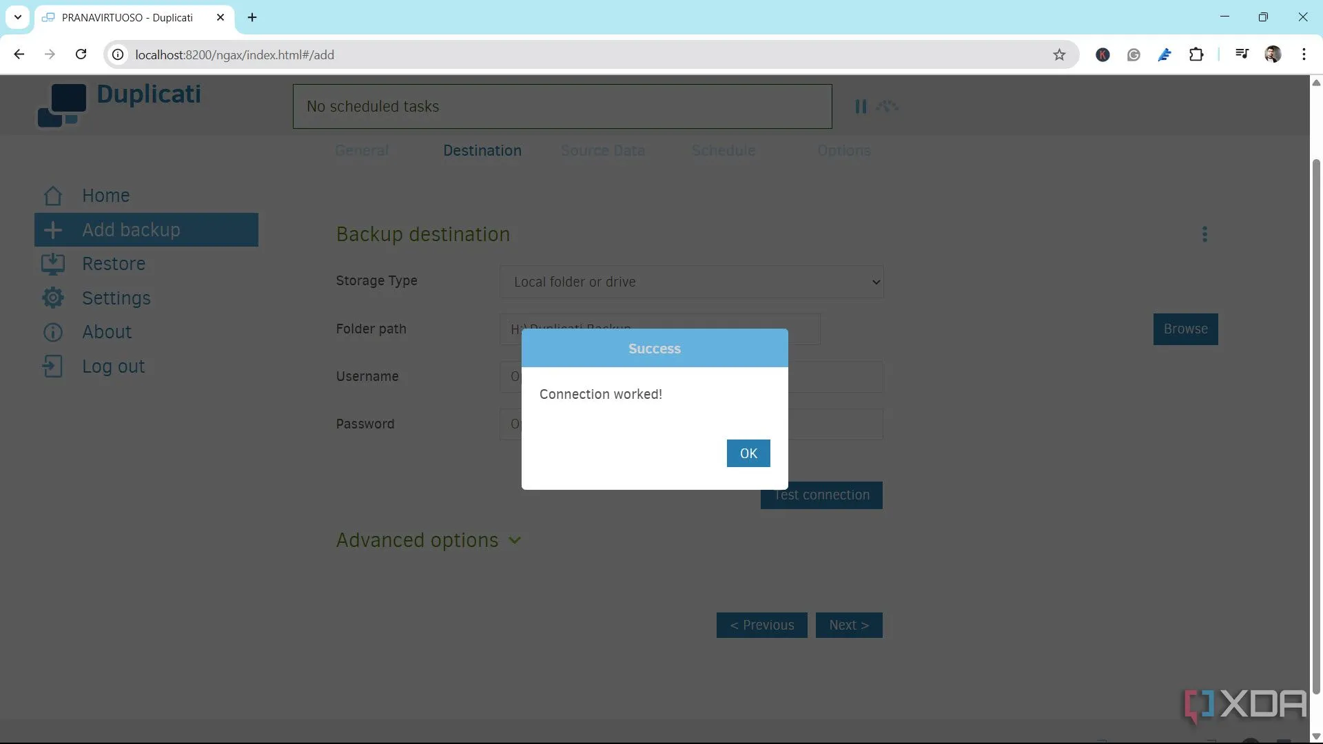Kiểm tra kết nối Duplicati